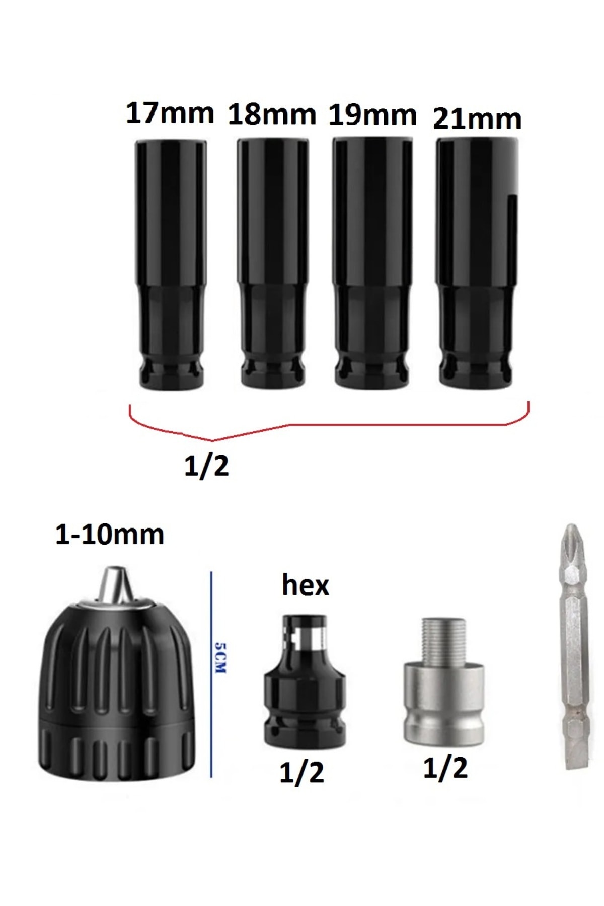 Somun Sökme Sıkma Torklu Makine Için 4lü Lokma Seti Mandren Ve Bits Adaptör 1/2 Bijon
