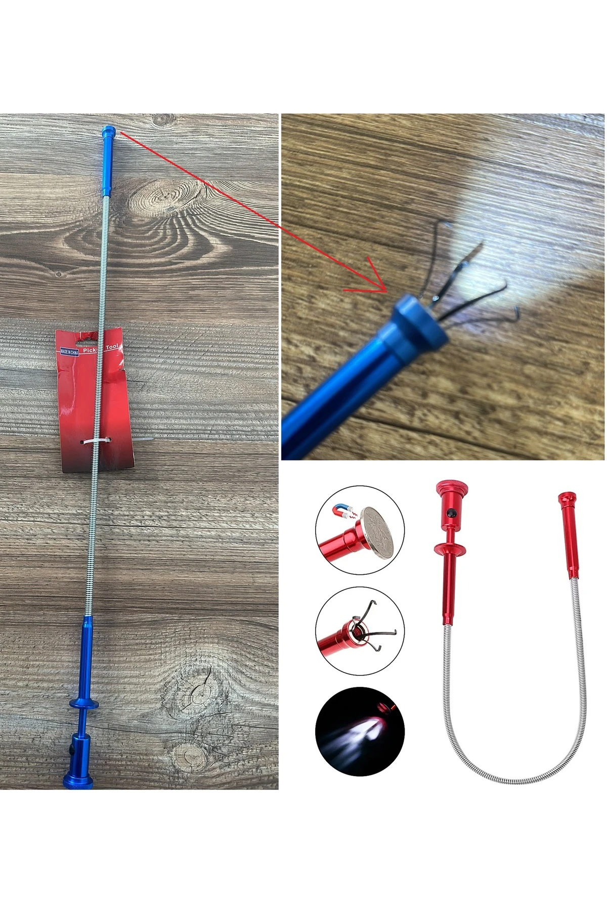 Spiral Esnek Mıknatıslı Işıklı Kancalı Kıskaç 62cm Manyetik Vida Tutucu Güçlü Çelik Çene