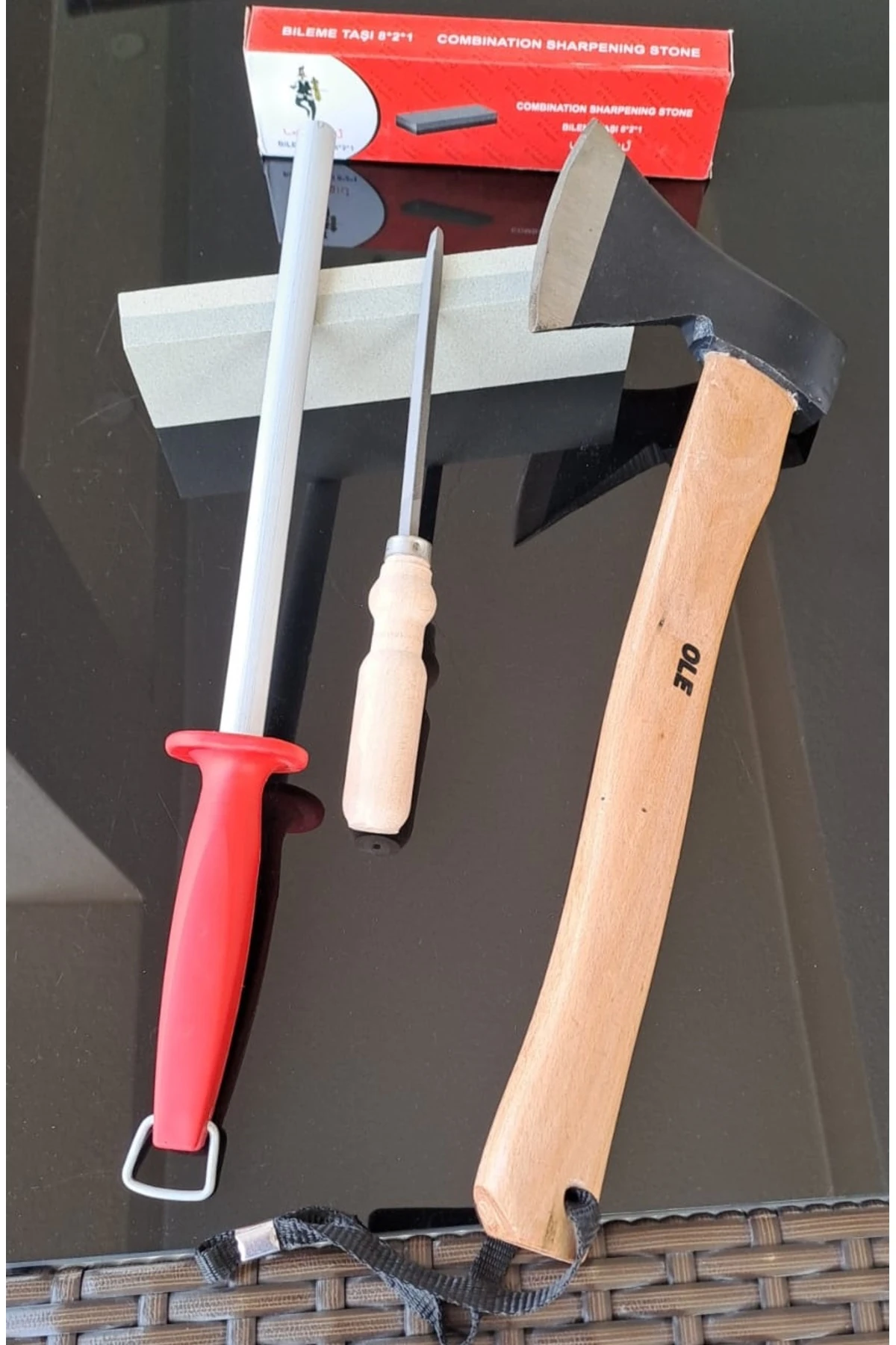 Tırpan Taşı Saplı Eğe Masat Seti 3 Parça Bıçak Balta Nacak Makas bileme seti