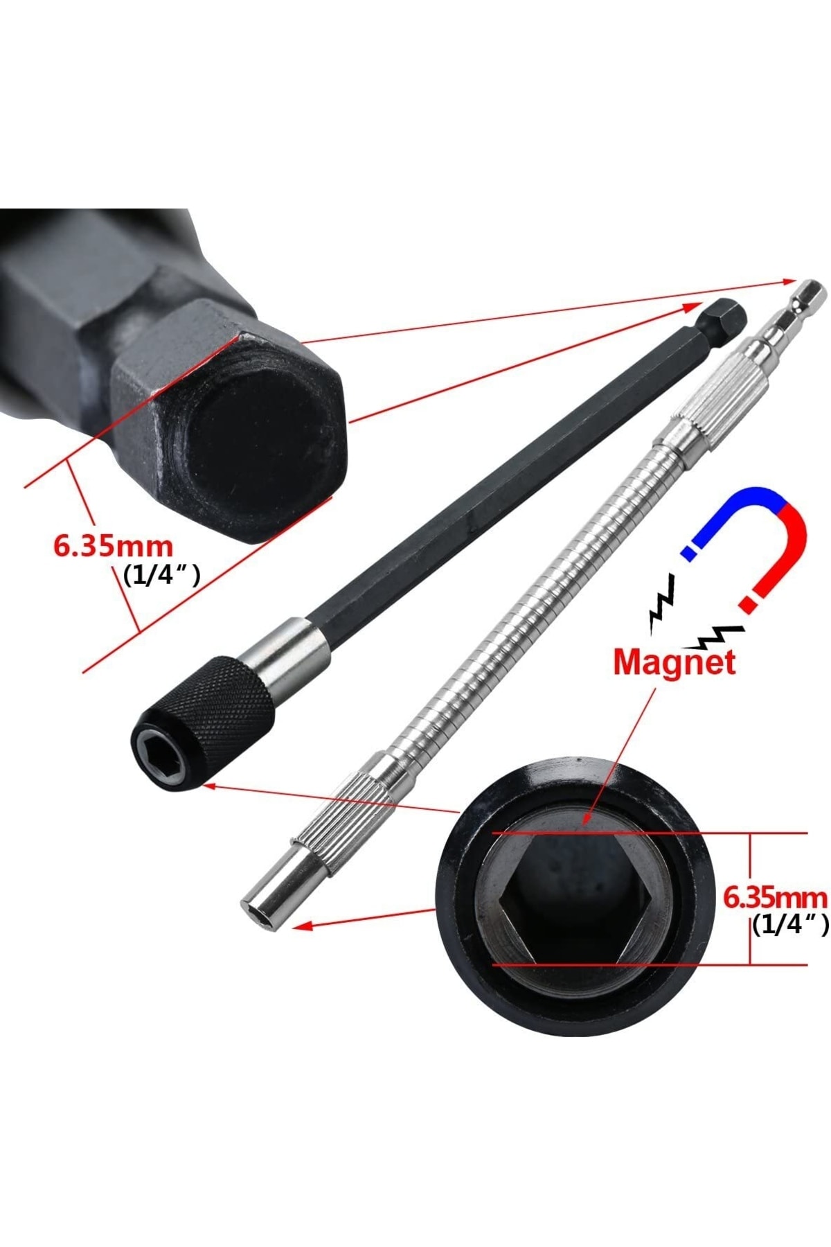 Hızlı Uç Tutucu 1/4 " 3 Parça Altıgen Şaft Manyetik Uç Tutucu Esnek Uzatma 10 Parça Tornavida Uc Set