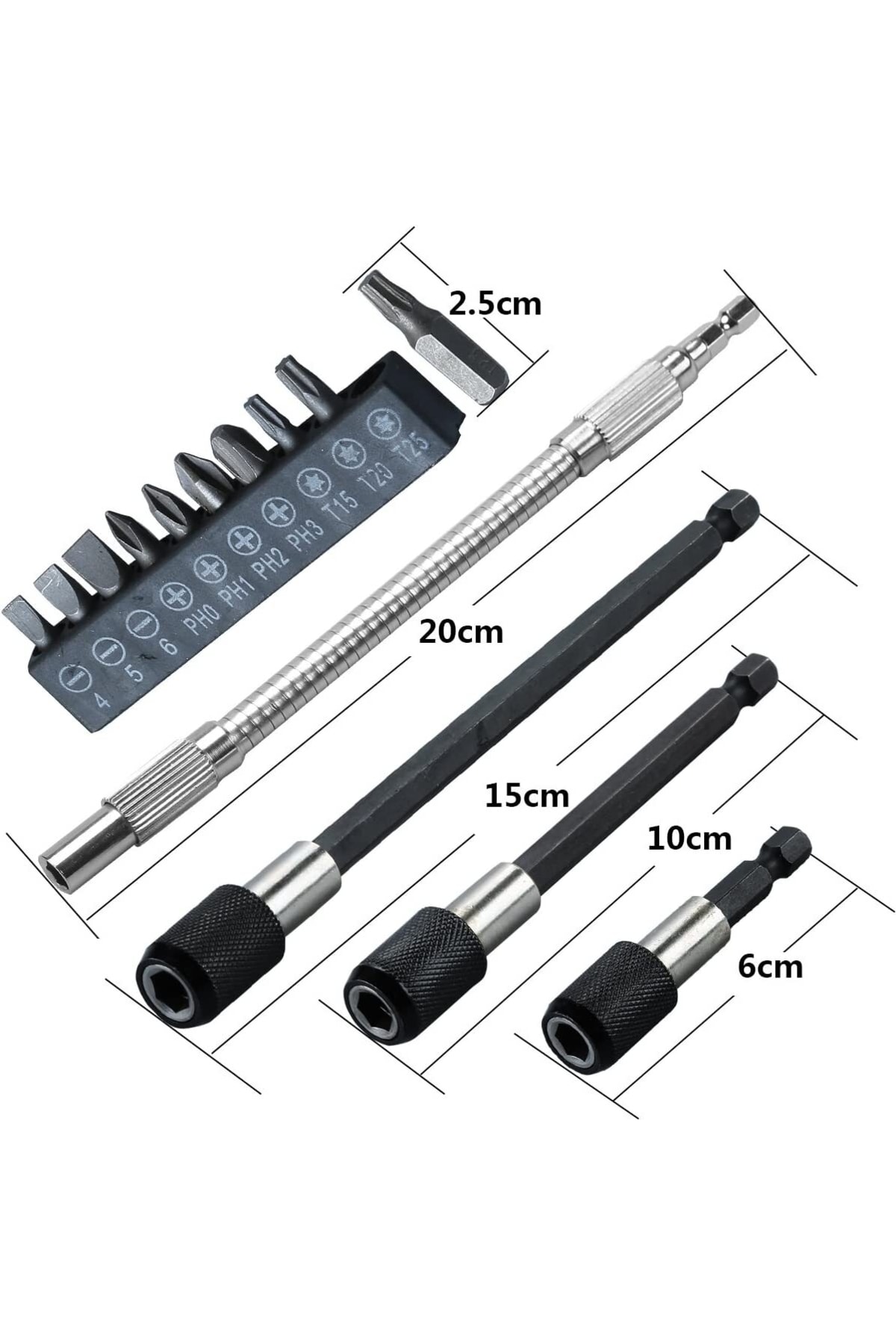 Hızlı Uç Tutucu 1/4 " 3 Parça Altıgen Şaft Manyetik Uç Tutucu Esnek Uzatma 10 Parça Tornavida Uc Set