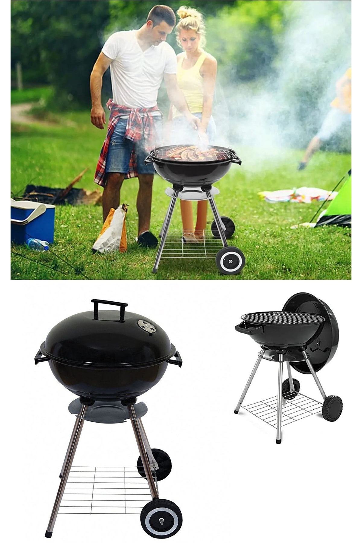 Arabalı mangal tekerlekli barbekü kömürlü arabalı ızgara kapaklı barbekü