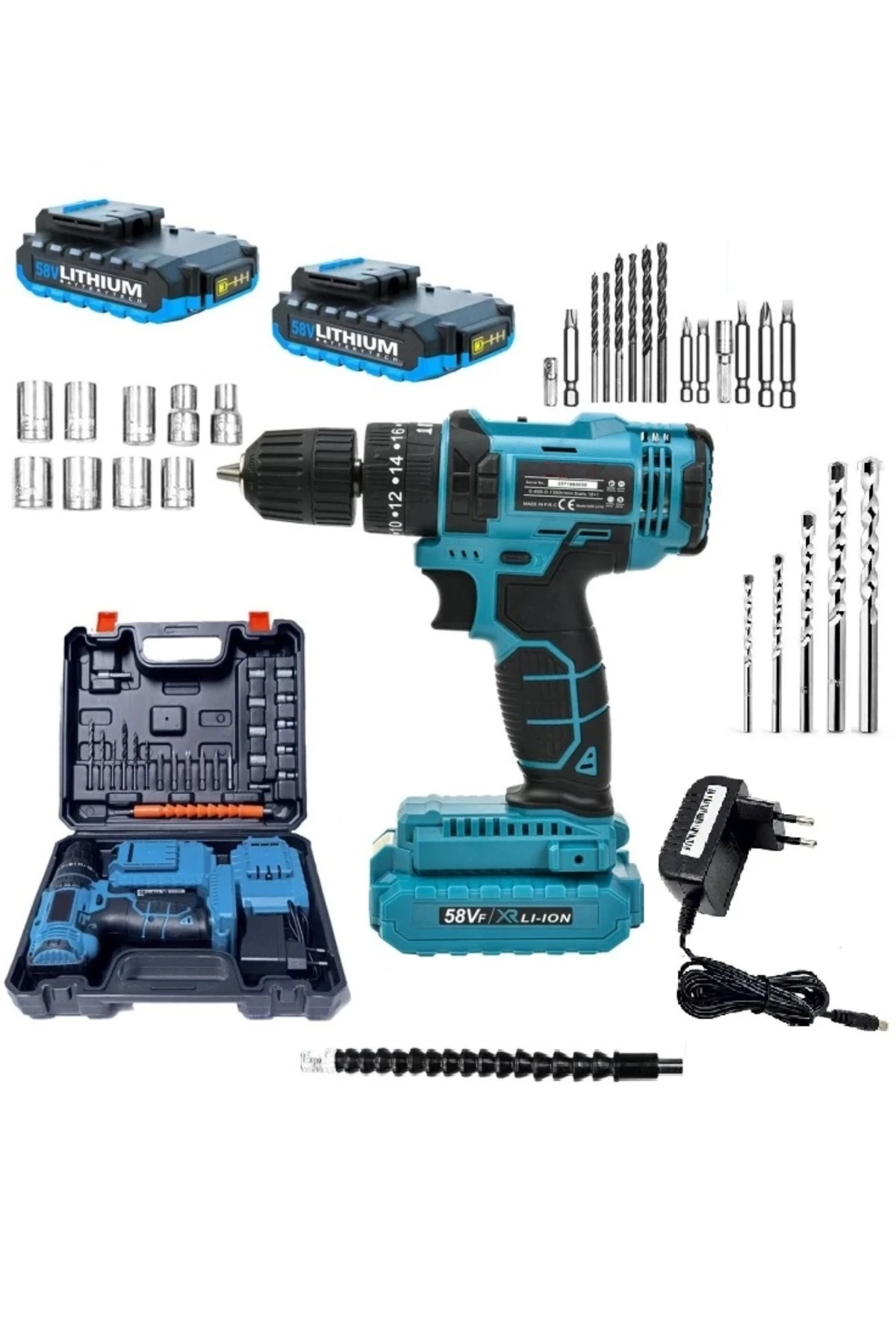 Şarjlı Darbeli Matkap 58 Volt Çift Akülü Şanzımanlı Torklu Matkap Duvar Beton Ahşap Delme Vidalama