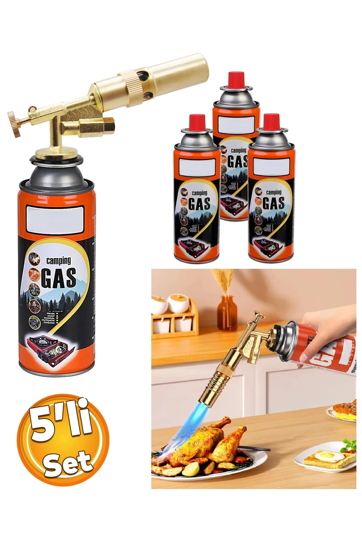 Çakmaklı Metal Pürmüz Kamp Gazı Kartuşlu Piknik Kamp Mangal Mutfak için 4 Adet 400ml Gaz ve  Başlık