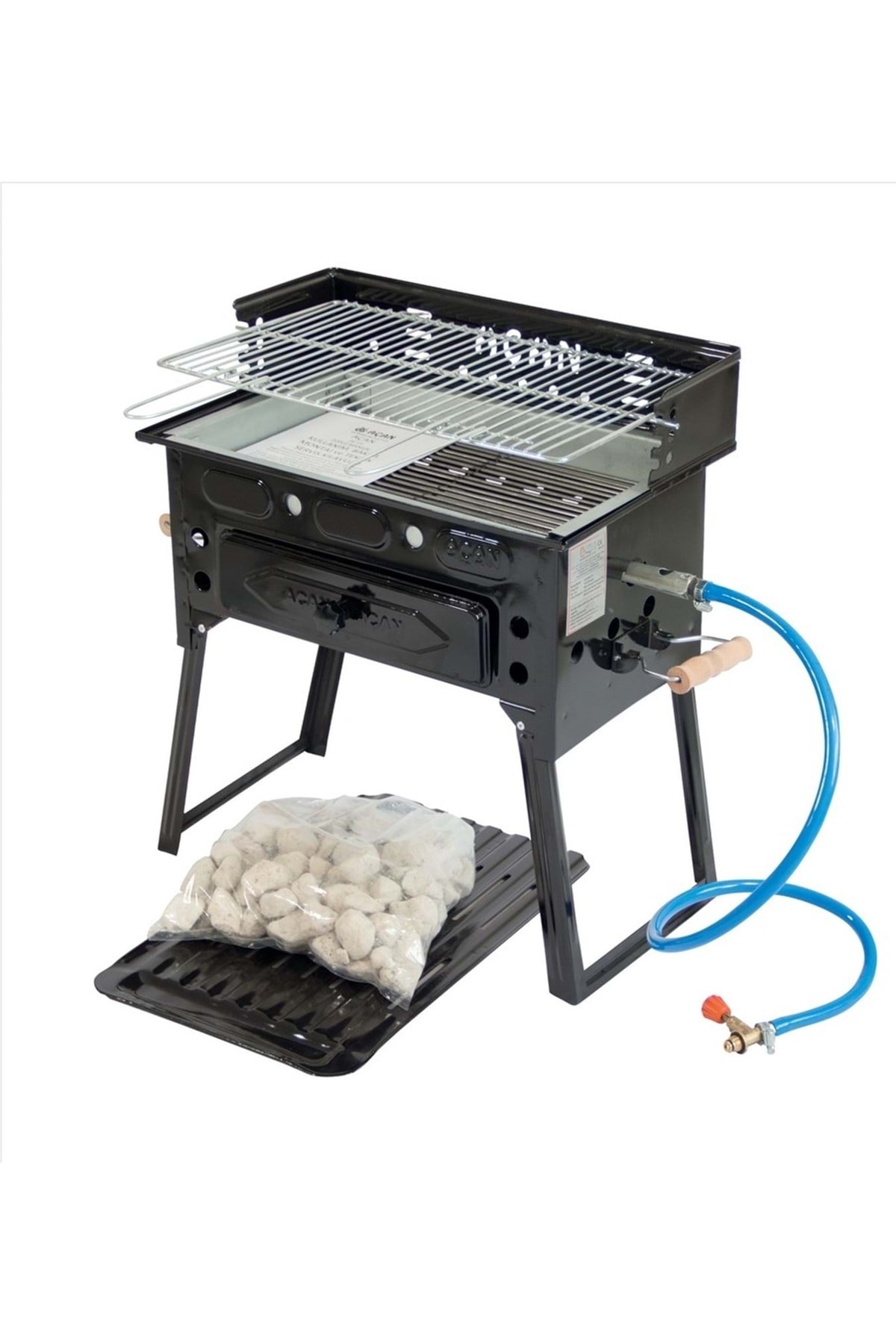 Emaye Pervazlı Tüplü Mangal  Lav Taşlı lpg li Barbekü Çift ızgara Katlanır ayaklı 30x48cm
