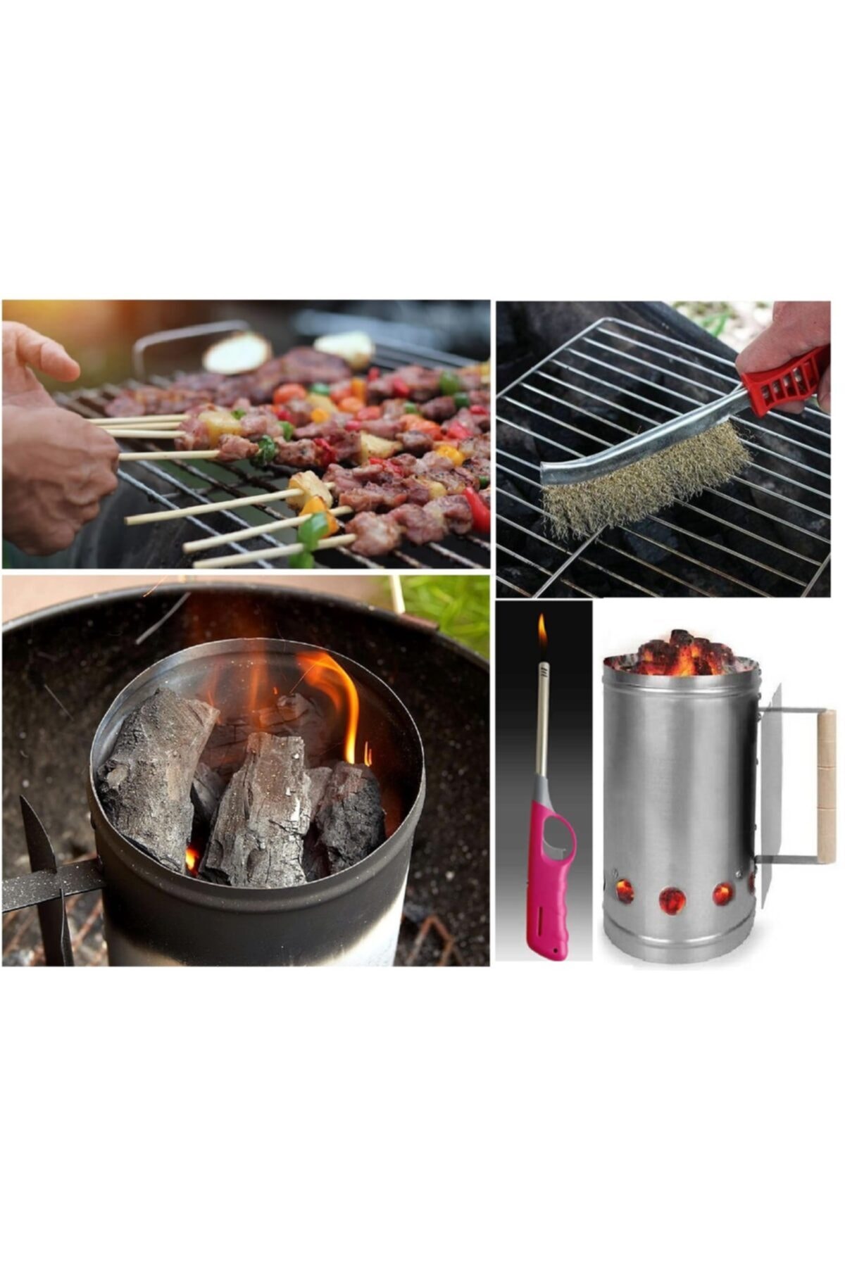 Mangal Barbekü Yakma Temizleme Seti 10 Parça Çakmak Maşa Spatula Eldiven Tel Fırça Şiş Jel
