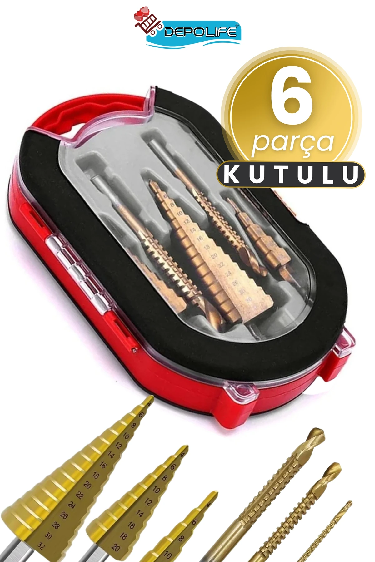 Delik Delme Pah Açma Kademeli Delme Panç Titanium 6 Parça Kutulu Freze Uç Seti