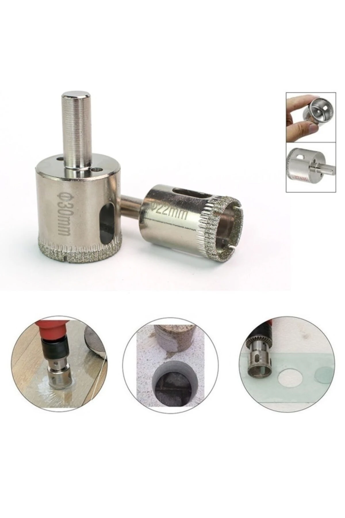Mermer Granit Fayans Porselen Cam 22mm 30mm Yuvarlak Delme Pancı Elmas Uçlu Delik Açma Karot Ucu 2li