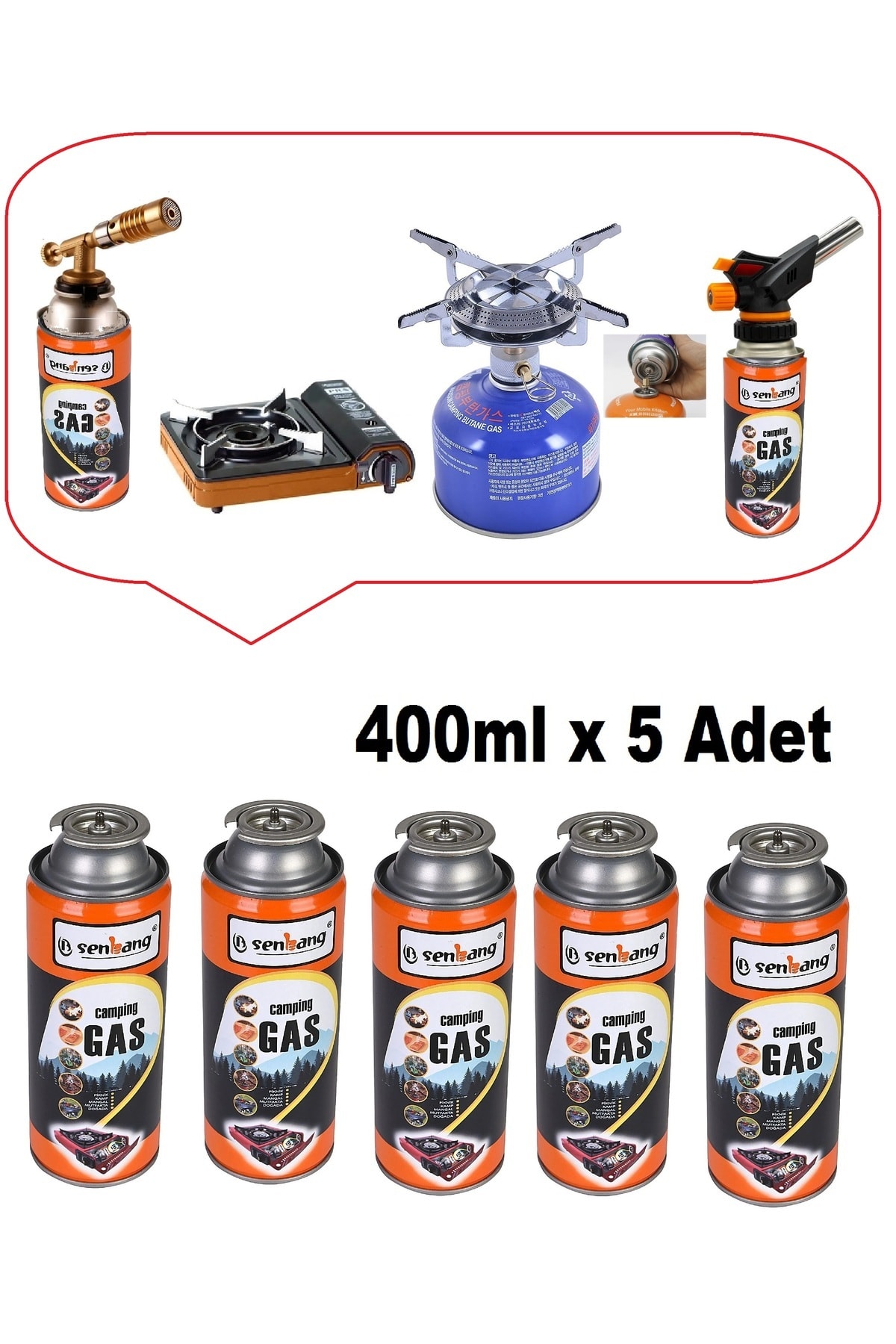 Kamp ocağı yedek tüp gazı Pürmüz torc Kafası için 5 adet kamp gaz tüpü çakmak gazı (400ml)