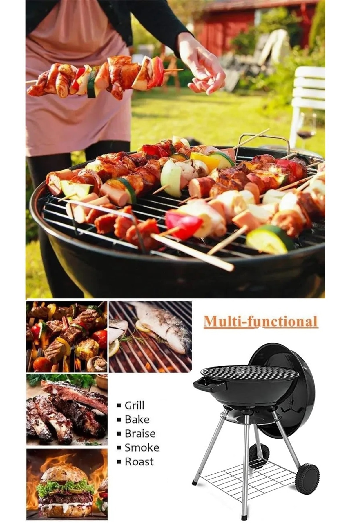 tekerlekli kapaklı bahçe için kömür mangalı arabalı barbekü gril ızgaralı piknik plaj