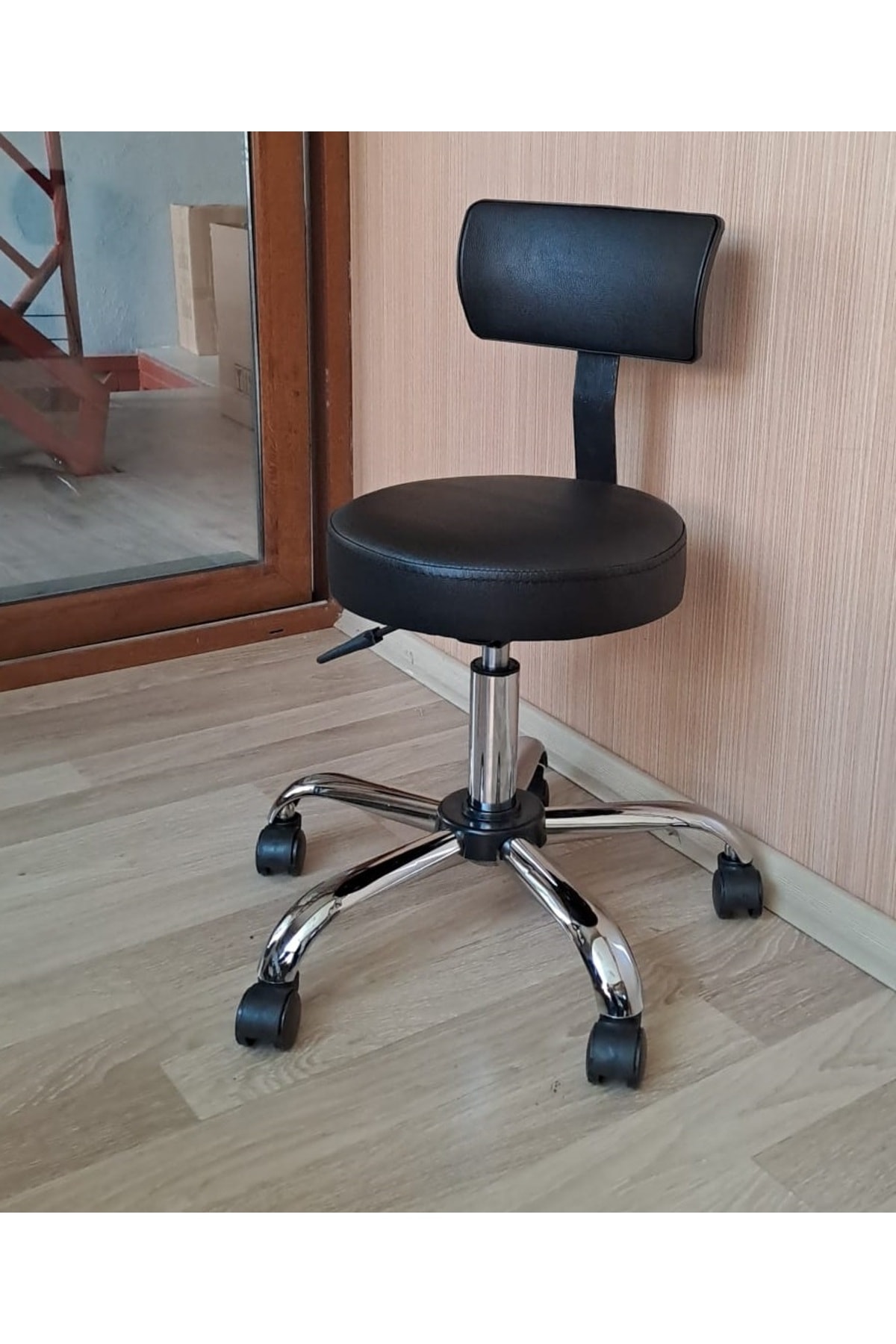 Ofis Kasiyer Taburesi Metal Ayak Tekerlekli Sırt Dayama Eczane Laboratuvar Büro Çalışma Koltuğu