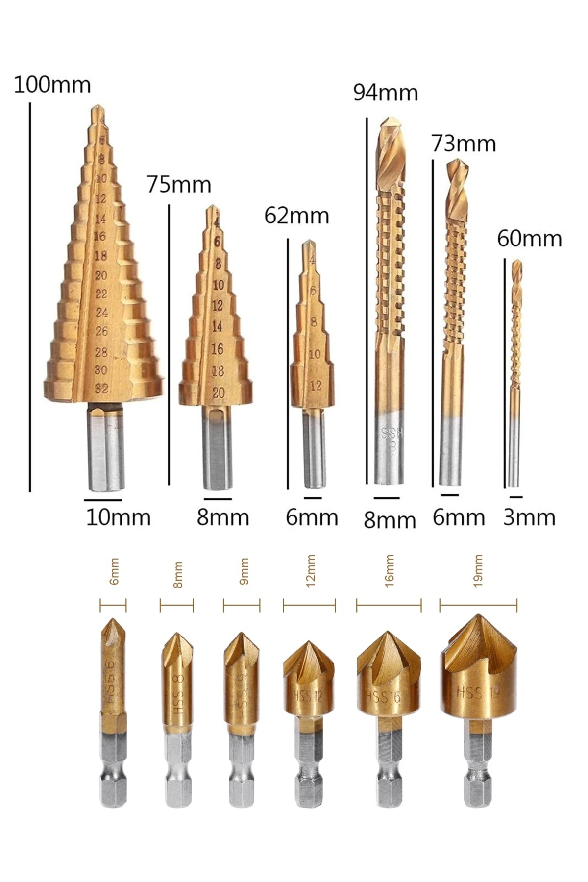 HSS havşa matkap ucu Set pah kırma  raybalama ve titanyum kaplı adım matkap ucu Kozalak kesici