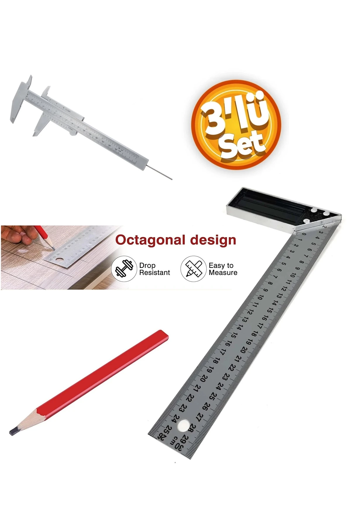 Ayarlı Gönye (45-90 Derece) Sürgülü Kumpas ve Marangoz Kalemi seti