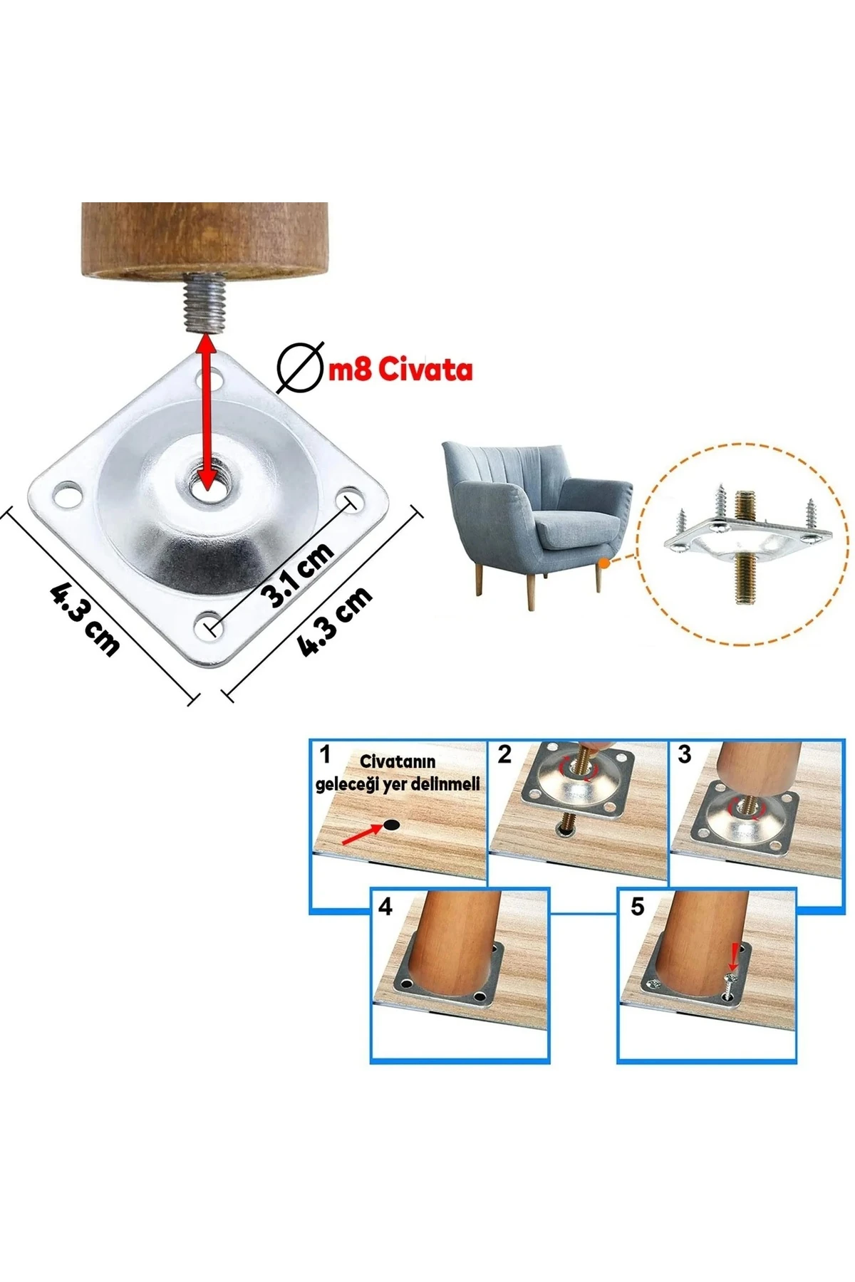 Ahşap Mobilya Ayak montajı için tablalı montaj seti 4lü set braket çekyat koltuk masa ayak montaj