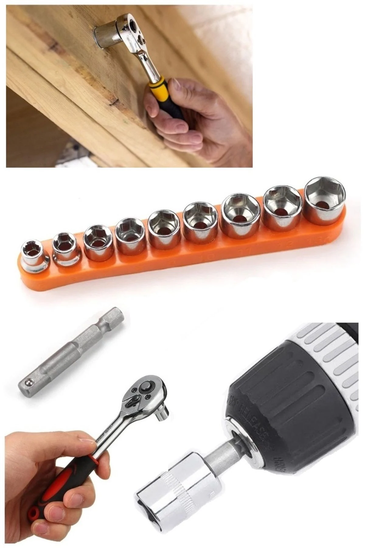 Cırcır Kollu 9 parçalı Lokma seti  ve Matkap adaptörü 1/4 soket Lokma Takımı  cır cır anahtar kolu