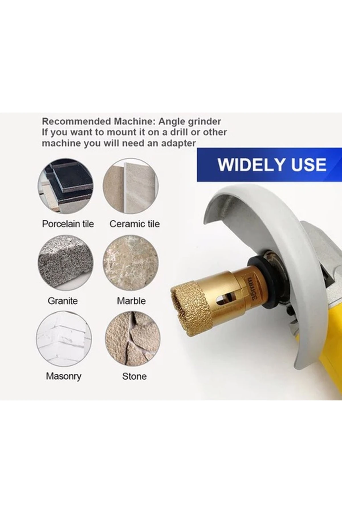 Mermer Granit Panç Fayans Beton Kaya Delme Ucu 35mm Sarı Elmas Avuç Taşlama Uyumlu (m14) Karot Delik