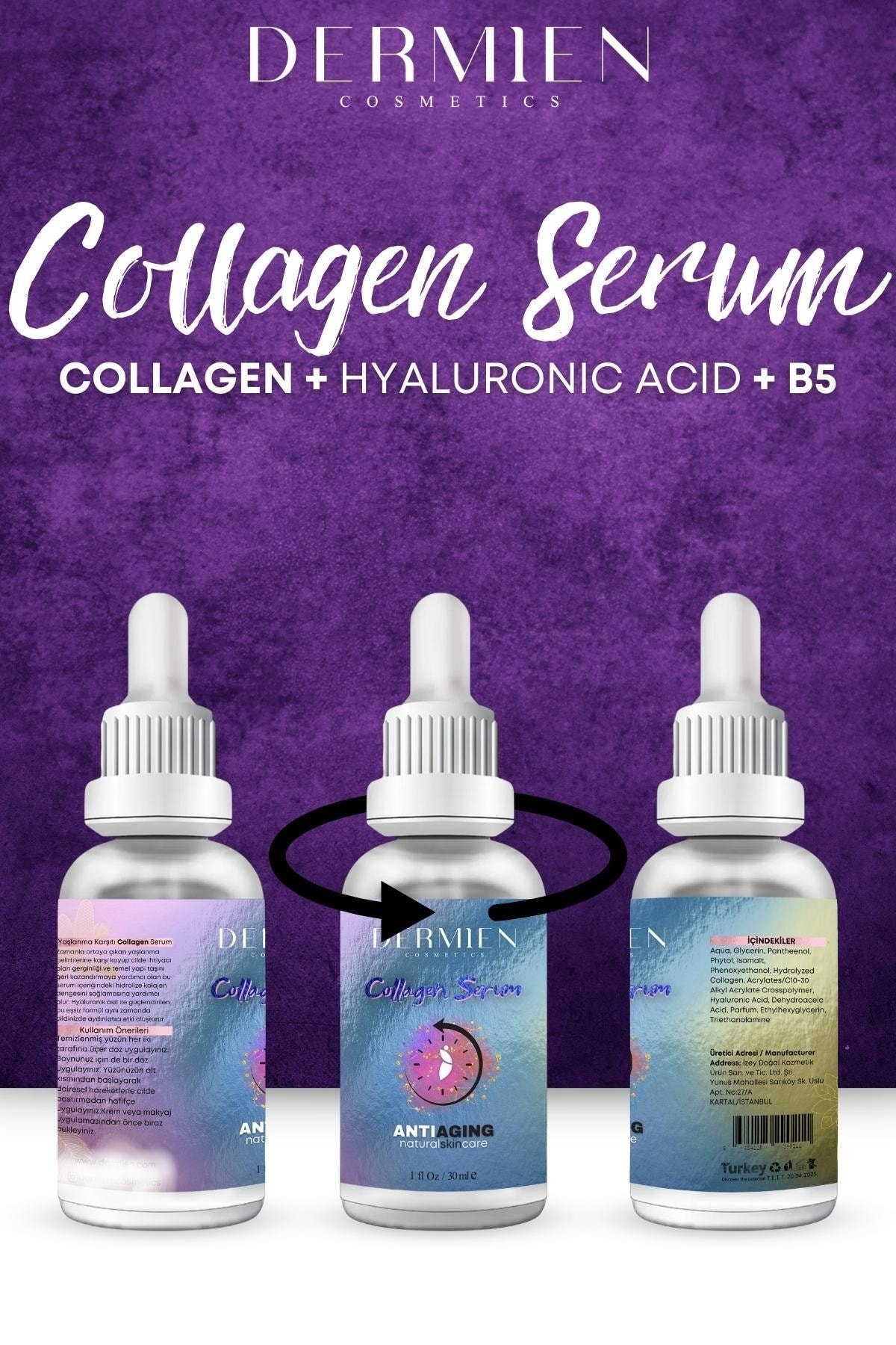 Yaşlanma Karşıtı, Aydınlatıcı, Kolajen, Hyaluronik Asit, B5 Cilt Bakım Serumu 30ml