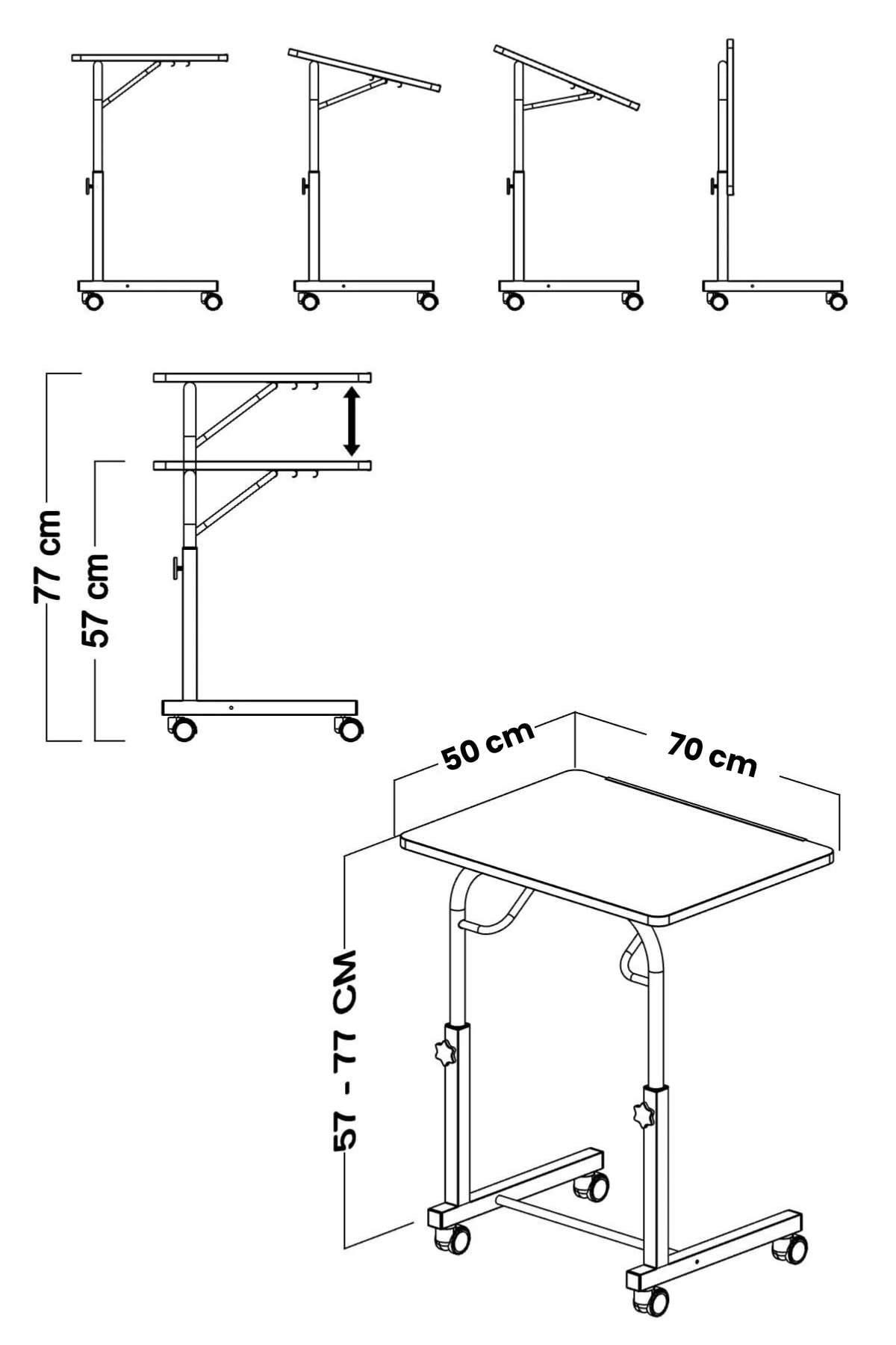 Eğim Yükseklik Ayarlı 50x70 Laptop Sehpası Ders Bilgisayar Çalışma Masası Metal Ayak Tekerlekli