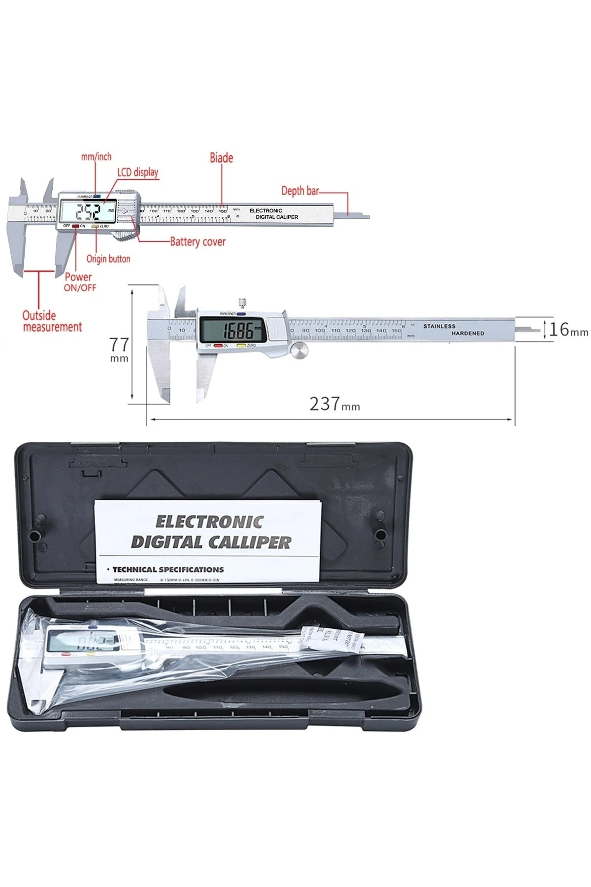Dijital Çelik Kumpas 0,01mm Hassa Kompratör Elektronik Matal Kumpas Çift Hane