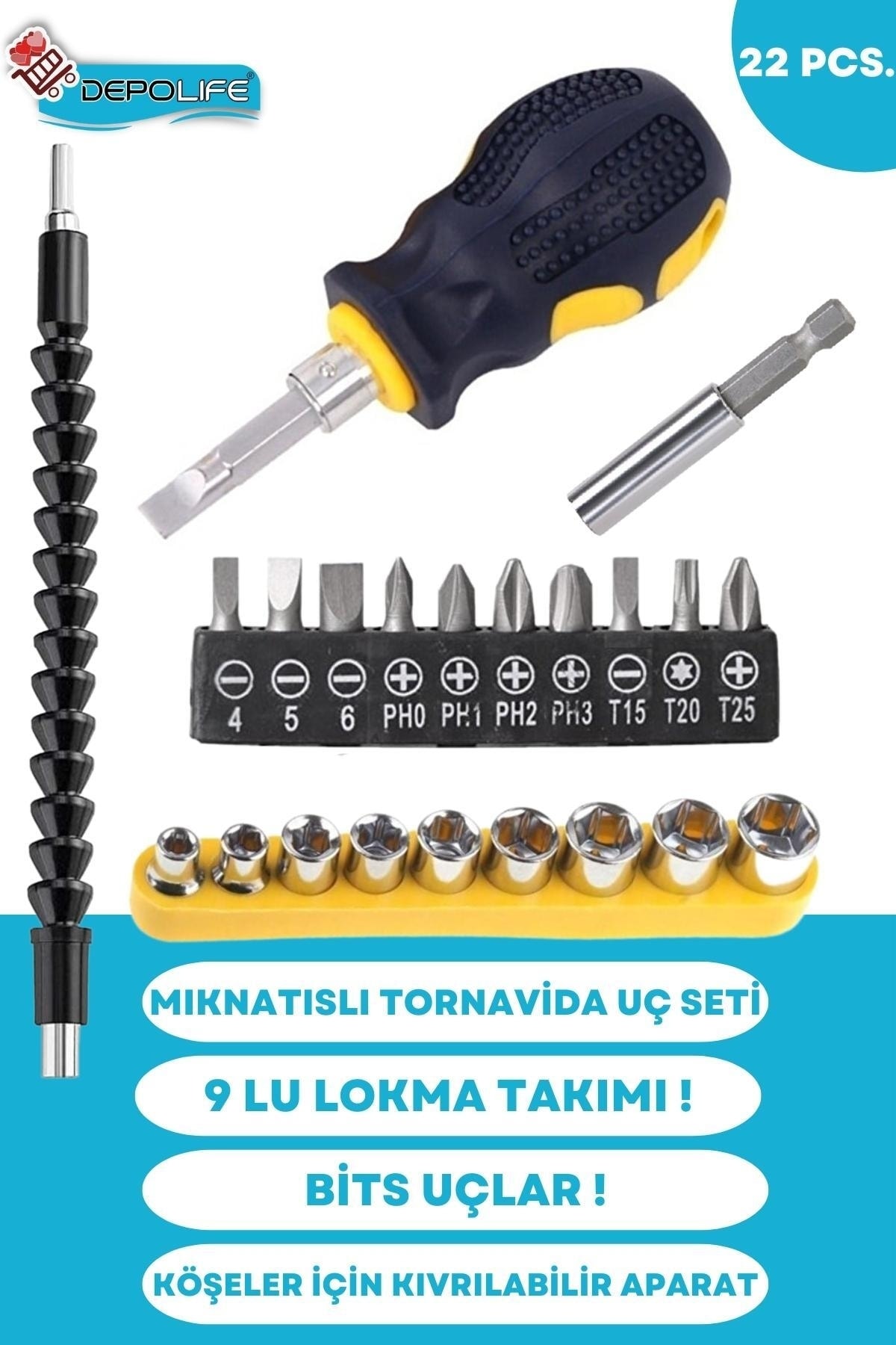Tornavida Lokma Setli Mıknatıslı Esnek Şaft Uzatma Hortum Altıgen Bits Uç Körüklü Kıvrılır
