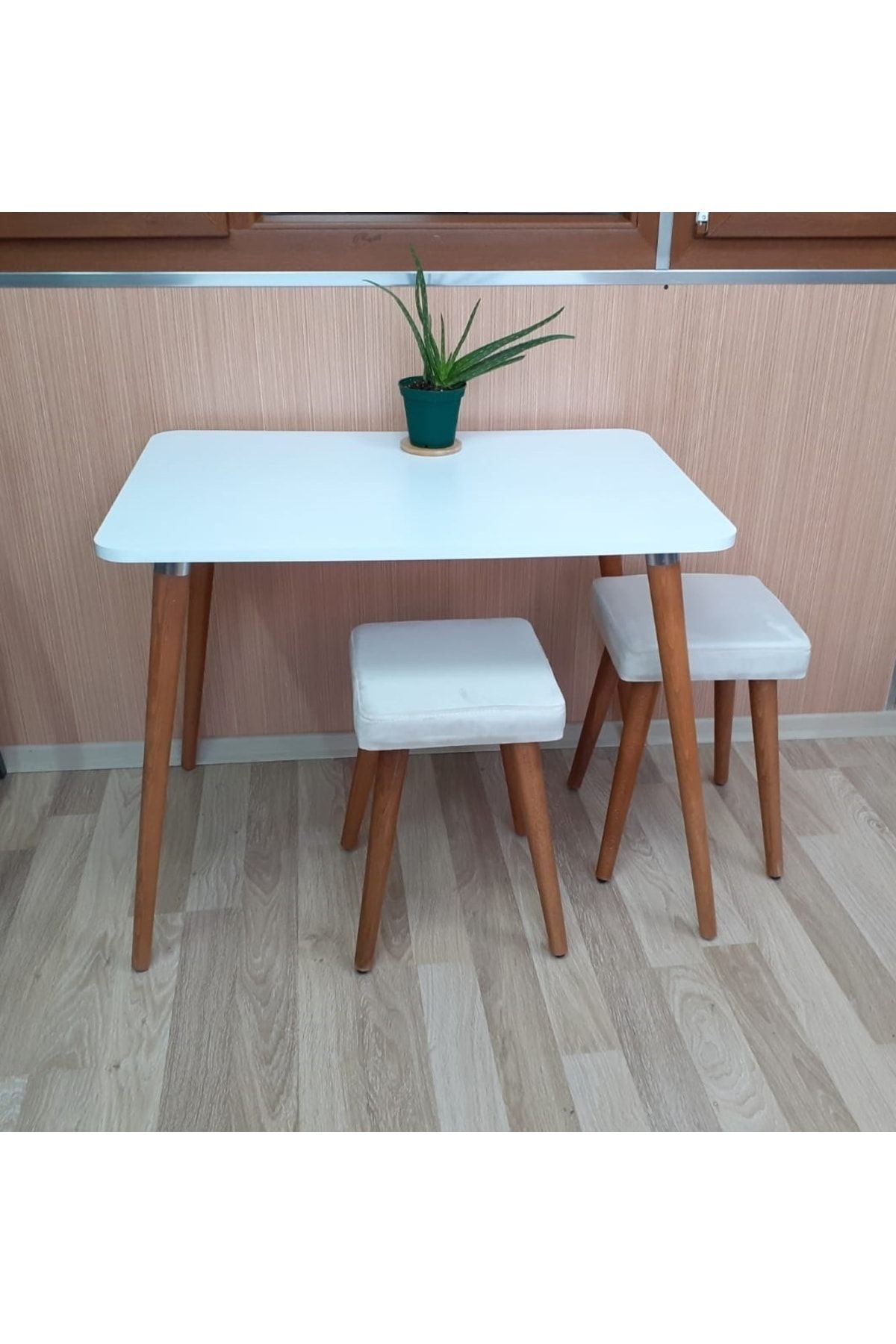 Ahşap Gürgen Ayaklı 2 Tabureli Mutfak Yemek Masa Takımı 2 Tabure 1 Masa Seti 60x90 Masa Seti