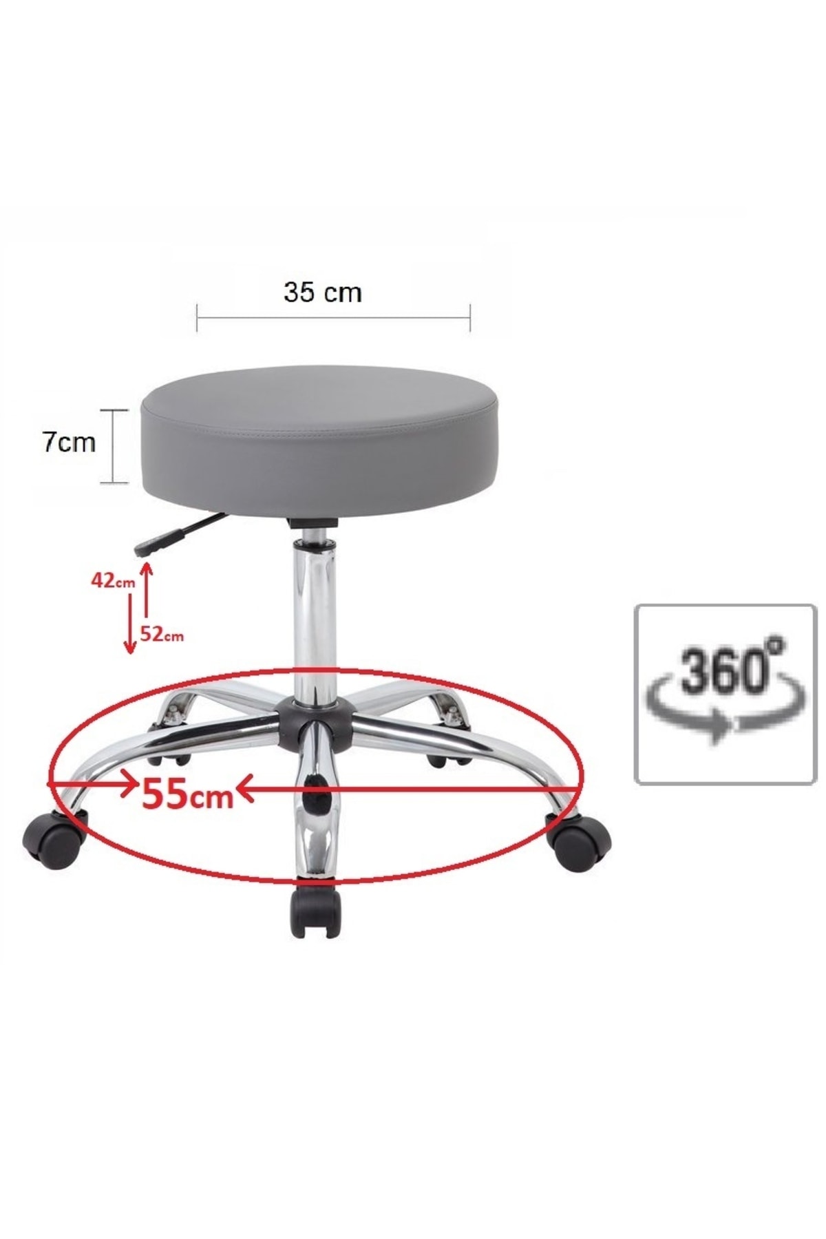 Ofis Kasiyer Taburesi 360 Derece Döner Deri Döşeme Oturak Eczane Laboratuvar Için Metal Ayaklı Gri