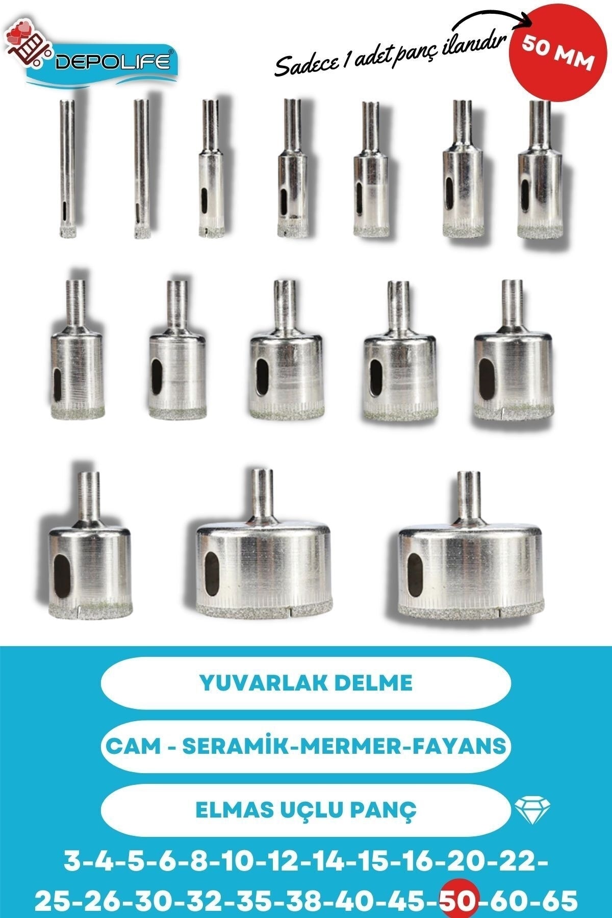 50mm Mermer Granit Fayans Cam Yuvarlak Delme Panç Elmas Uç Yuvarlak Açma Matkap Için Karot