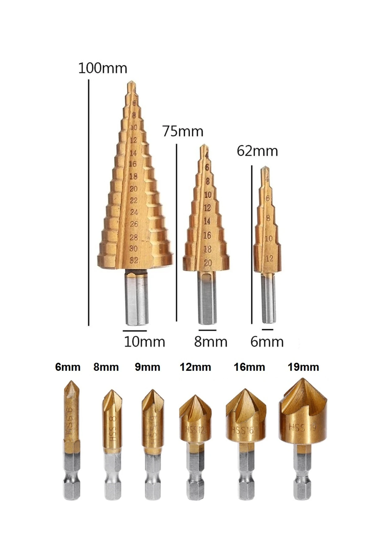 Titanyum Pah Kırma 6lı Freze Ucu  3 Adet Kademeli Delme Adım Kozalak Freze Takımı