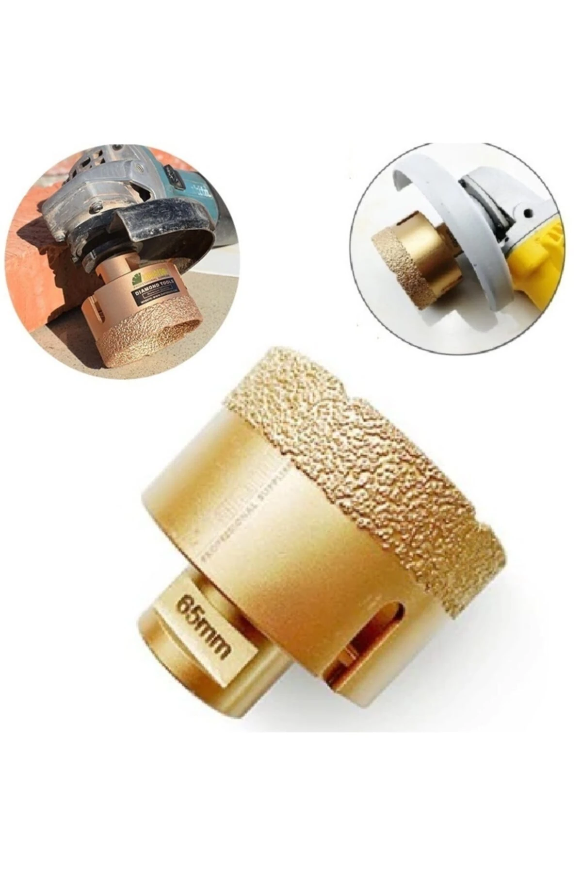 Mermer Granit Panç Fayans Beton Kaya Delme Ucu 65mm Sarı Elmas Avuç Taşlama Uyumlu (m14) Karot Delik