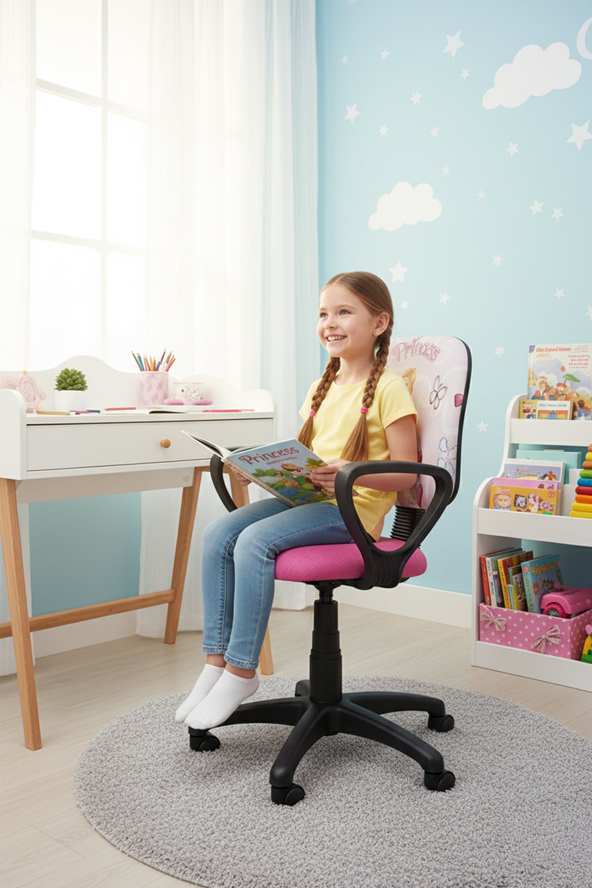 Çocuk Odası Ders Çalışma Ofis Koltuğu Sindirella Prenses Desenli Çocuk Sandalyesi Pembe