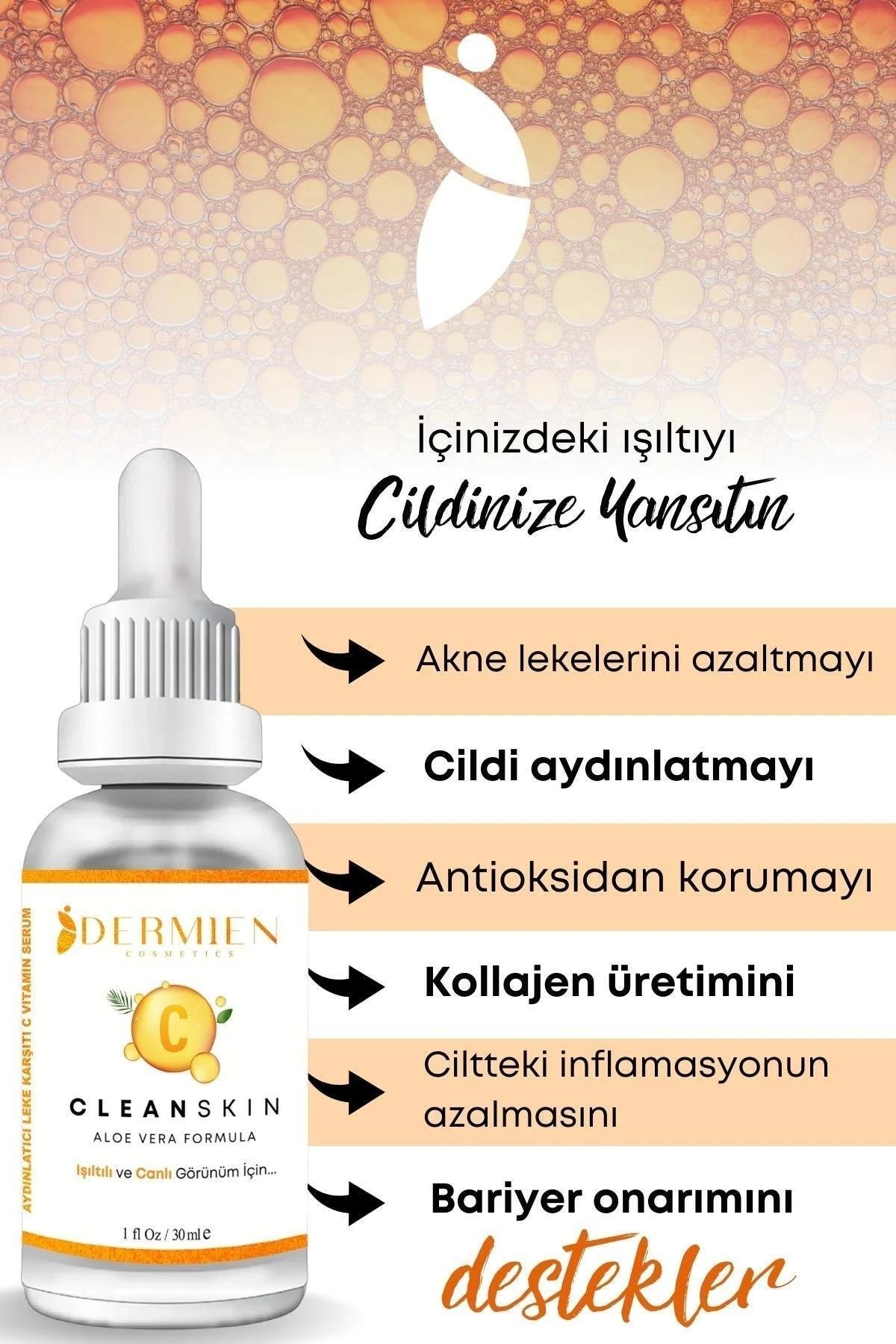 C Vitamini %10 Aydınlatıcı, Cilt Tonu Eşitleyici Aloe Vera, Collagen, Arbutin 30 ml Cilt Serumu
