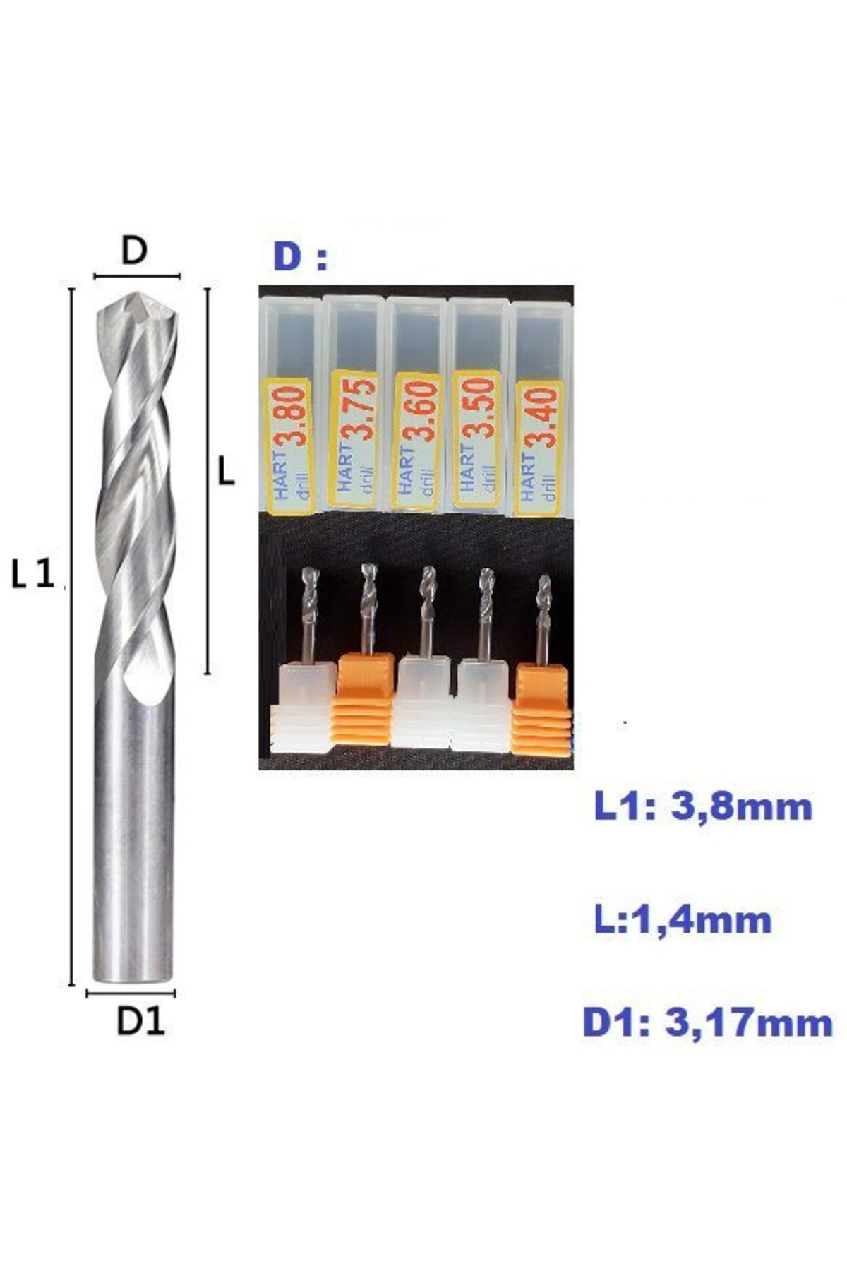 Kalıpçı Taşlama Delme Cnc Router Karbür Uç Seti 3.40mm - 3.80mm Çap Carbide Matkap Ucu 5 Parça Set
