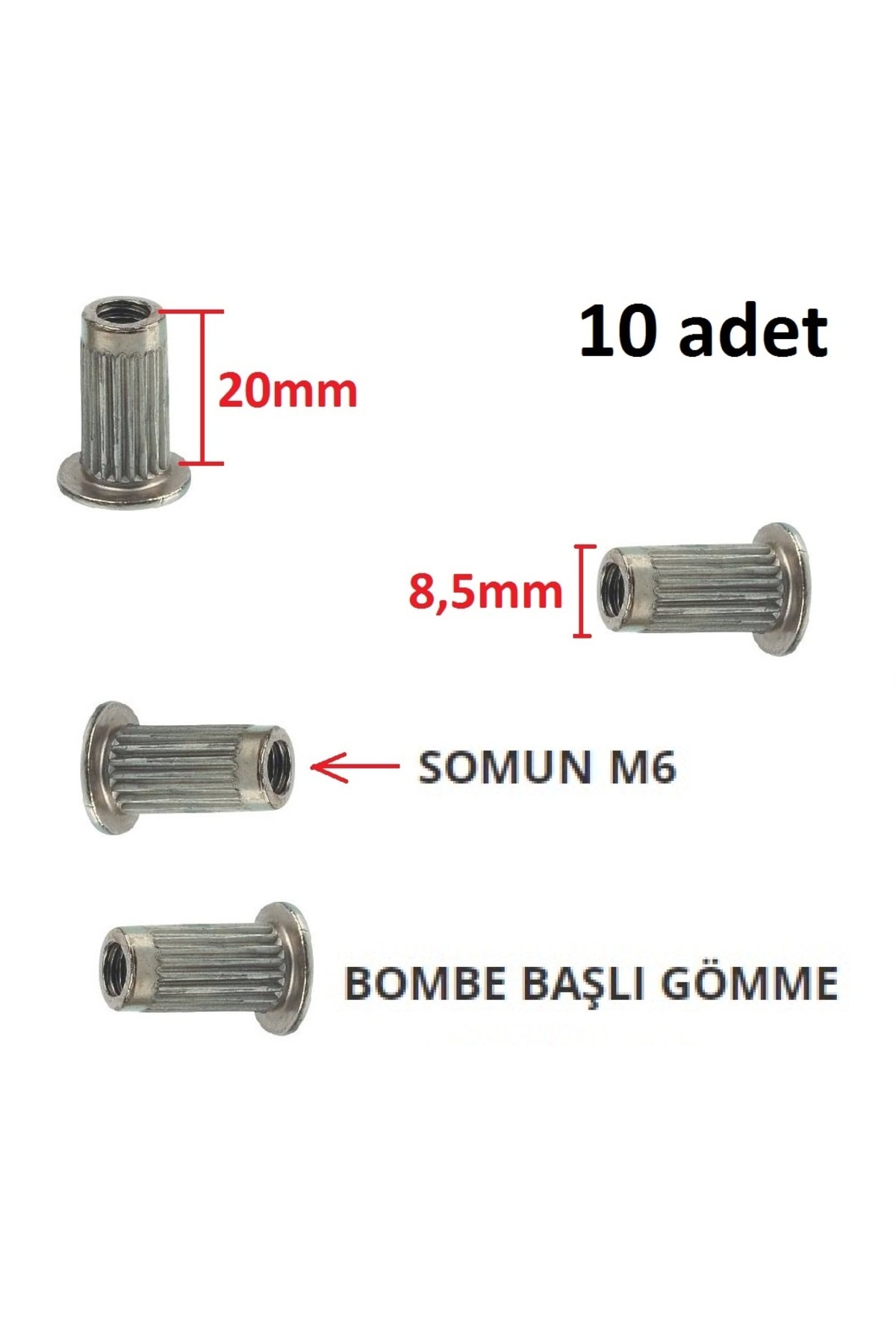 ahşap için gömme somun şapkalı perçin somun m6 10 adet çakma tipi