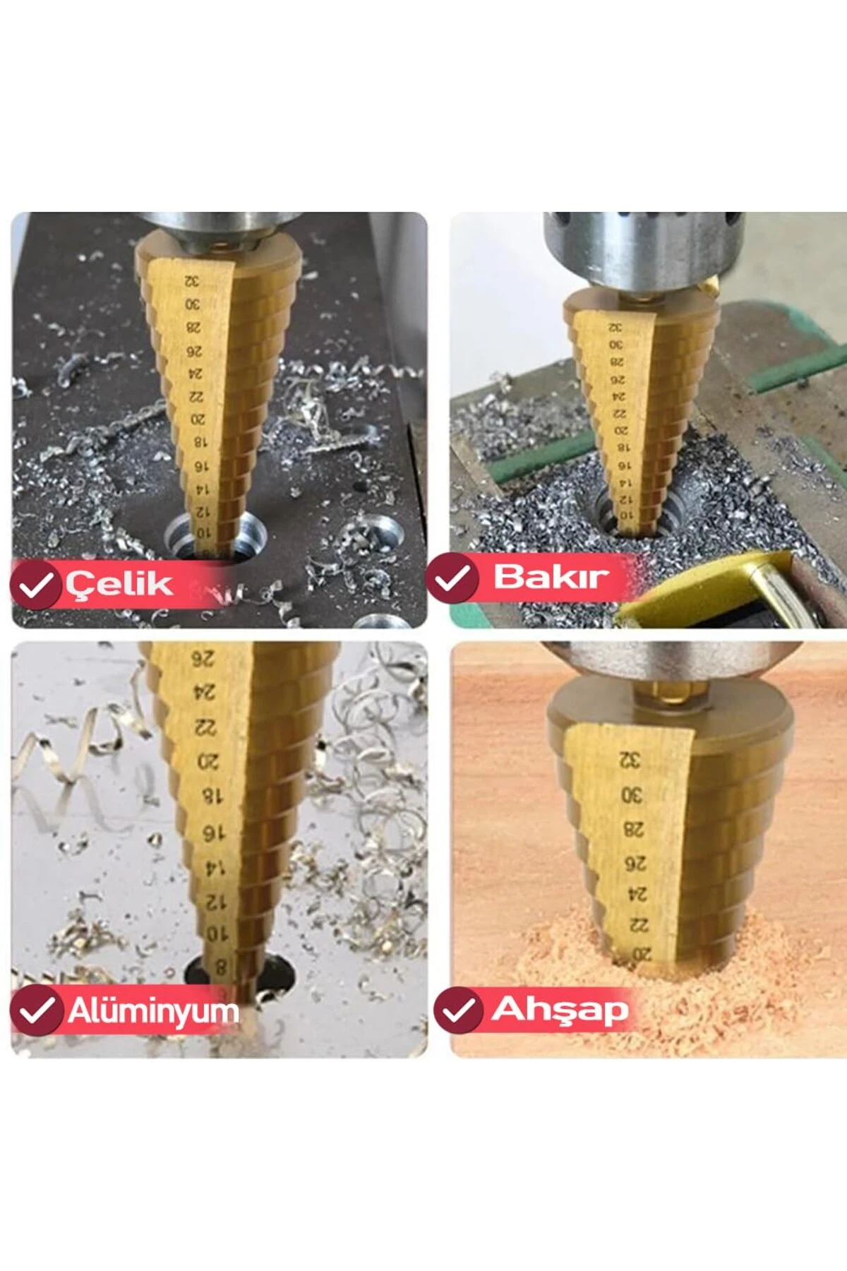 Titanyum Pah Kırma 6lı Freze Ucu  3 Adet Kademeli Delme Adım Kozalak Freze Takımı