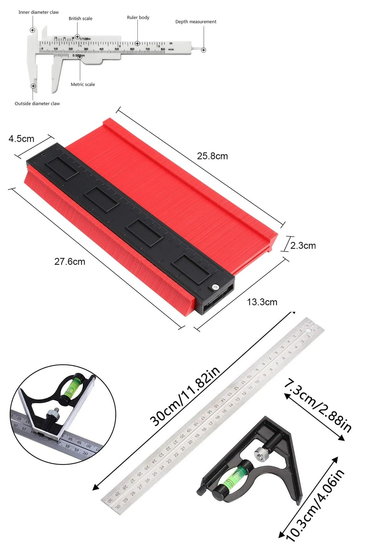 Su terazili ayarlı Kombine cetvel Açı ölçer Kalıp Tarağı Kumpas Marangoz Mühendis 45°/90° 300mm