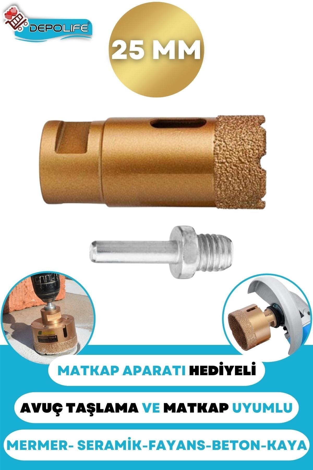 25 Mm Granit Mermer Seramik Fayans Beton Taş Delme Panç Spiral Avuç Taşlama Matkap Uyumlu M14 Aparat