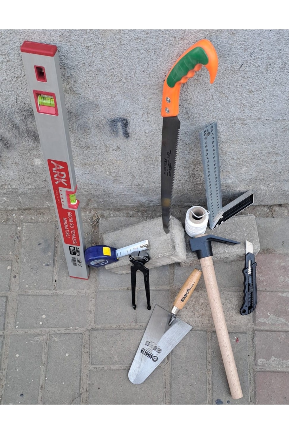 Inşaatcı Harç Sıva Beton Duvar Usta Alet Seti Mala Keser Kerpeten Su Terazisi Metre ip Gönye
