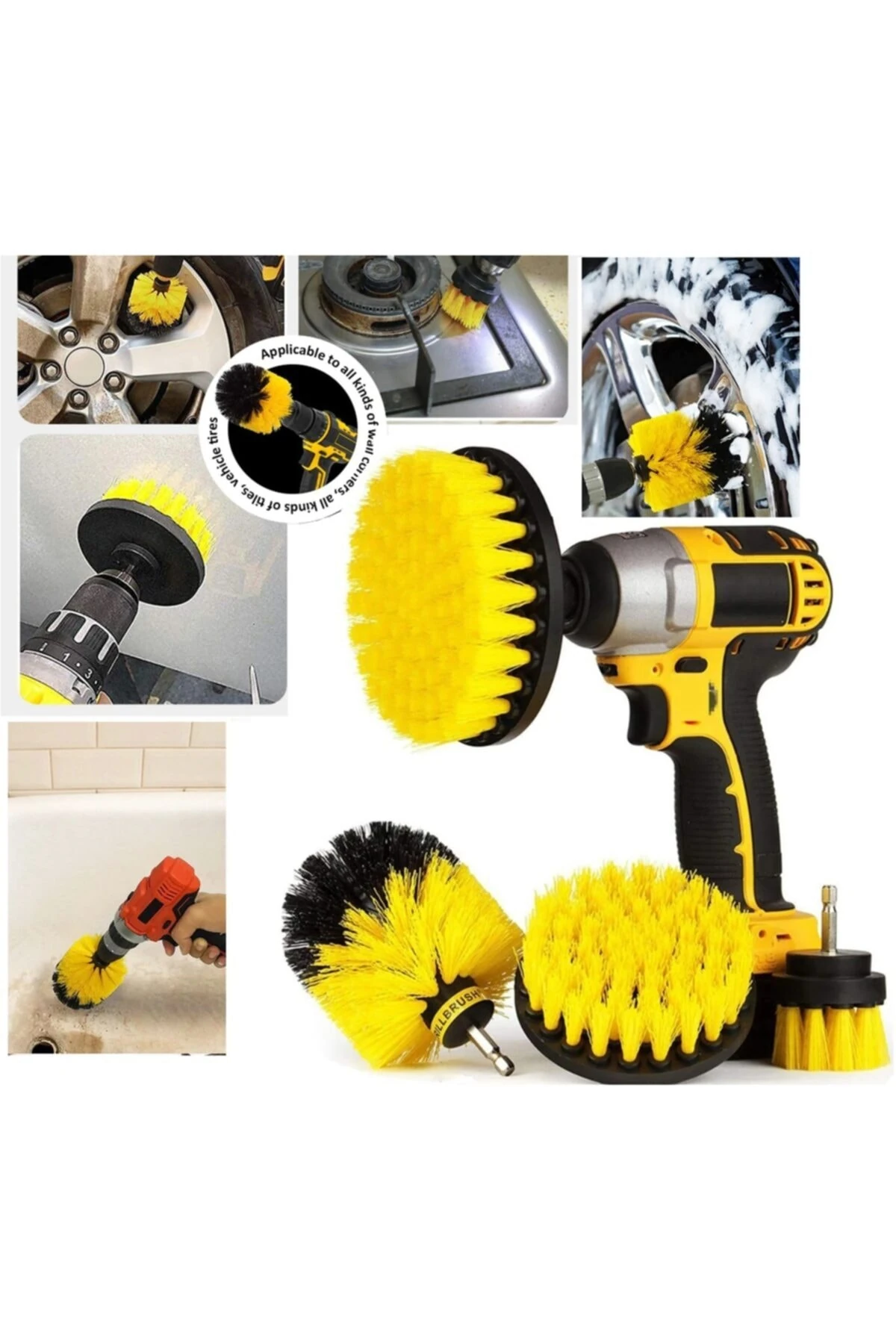 Matkap Için Pimli Temizlik Fırça Seti Banyo Mutfak Oto Jant Koltuk Halı Fayans Temizleme Fırça Kiti