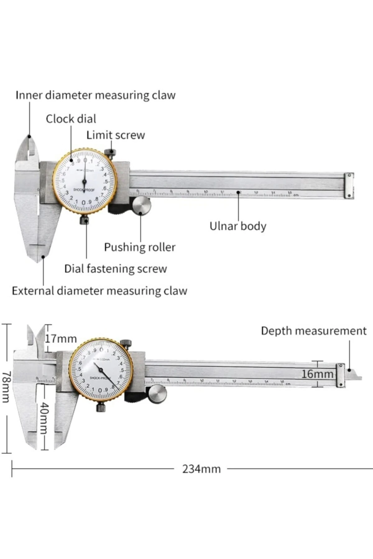 Hassas Göstergeli Kumpas Paslanmaz Çelik Sürmeli Kaliper Ölçer Mikrometre 150mm / 0.02mm