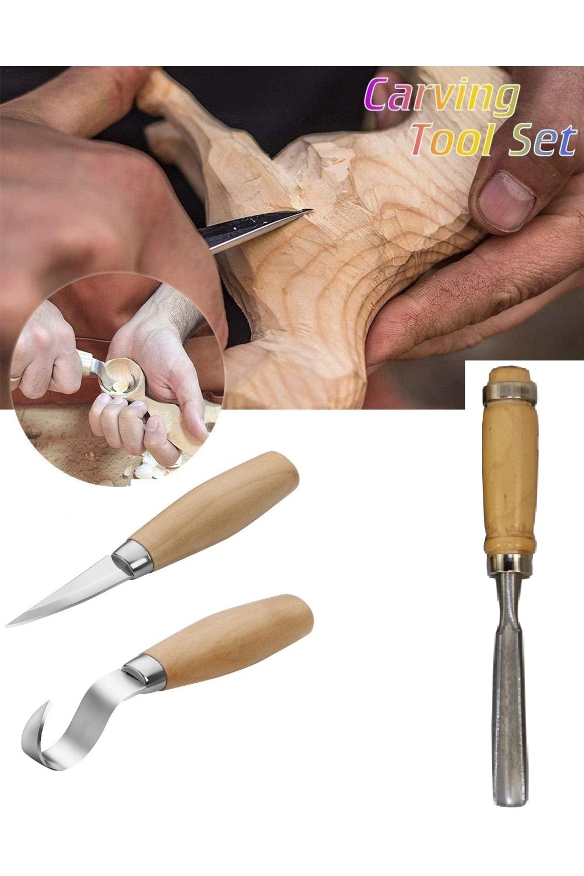 Ahşap Oyma Bıçak Alet Seti Kaşık Kuksa Oval Düz Oyma Yontma Bıçağı 3 Parçalı Set