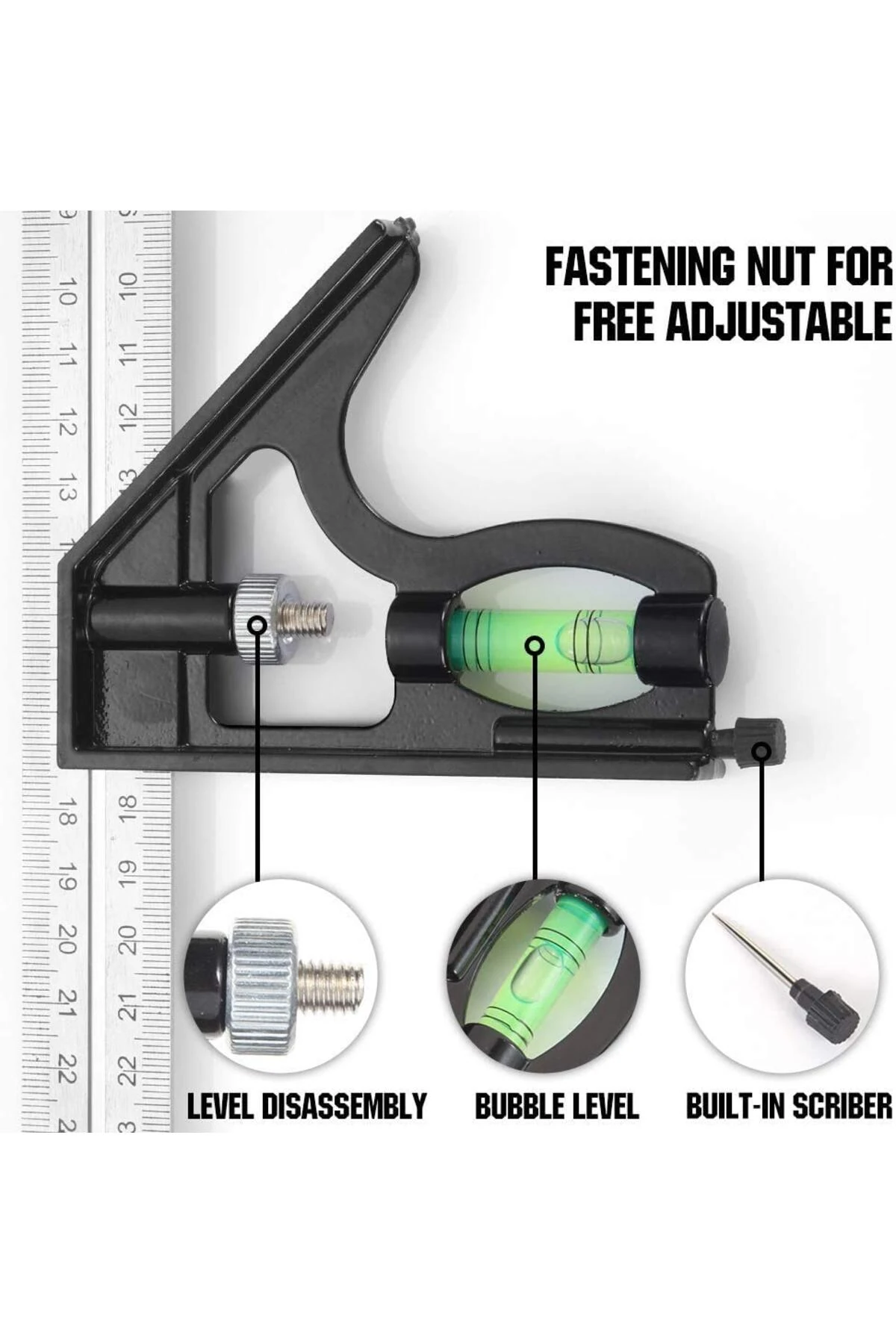 Kombine Metrik Gönye Alüminyum Su Terazili 300mm 45-90 Derece Kombine Cetvel