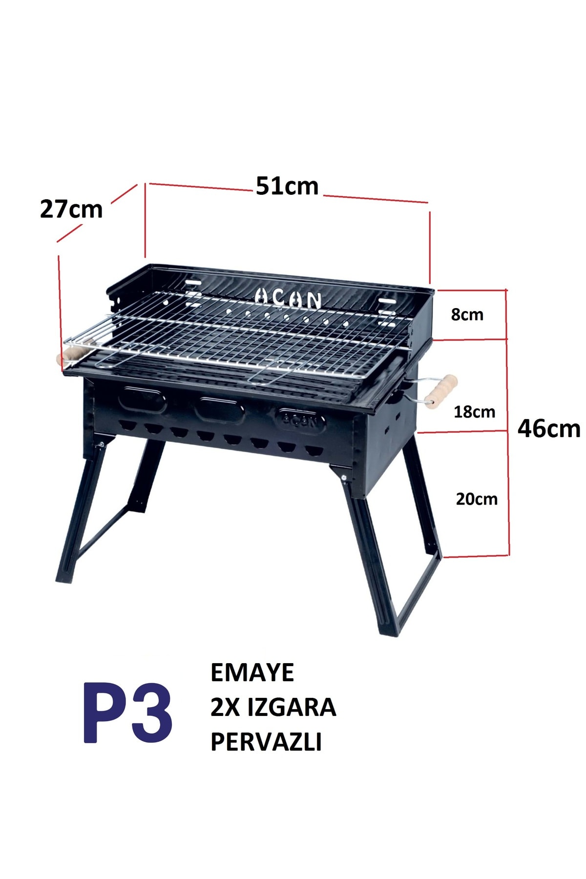 Pervazlı Emaye Mangal P3 Battal Boy Barbekü Çift Kömürlü Izgara Katlanır Ayaklı 27x51cm