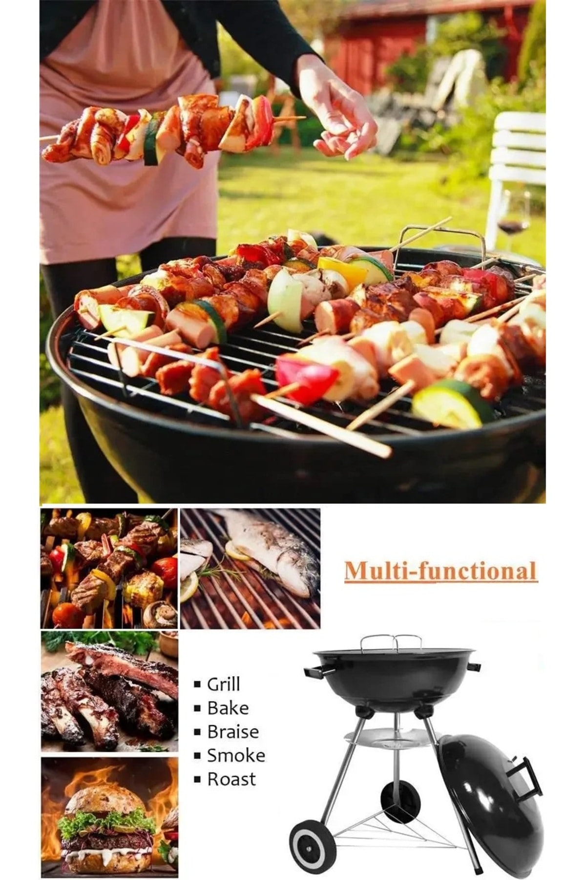 Arabalı mangal tekerlekli barbekü kömürlü arabalı ızgara kapaklı barbekü
