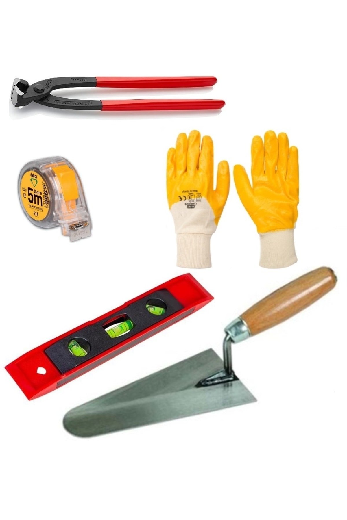 Inşaatcı Harç Sıvacı Malası 25cm Betoncu Kerpeteni Su Terazisi 5 Metre Eldiven Set