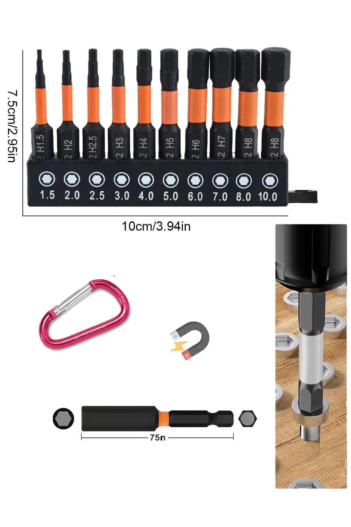 Alyan anahtar Set Hex Bits uç takımı Manyetik uzatma Adaptörlü 12 Parçalı Set