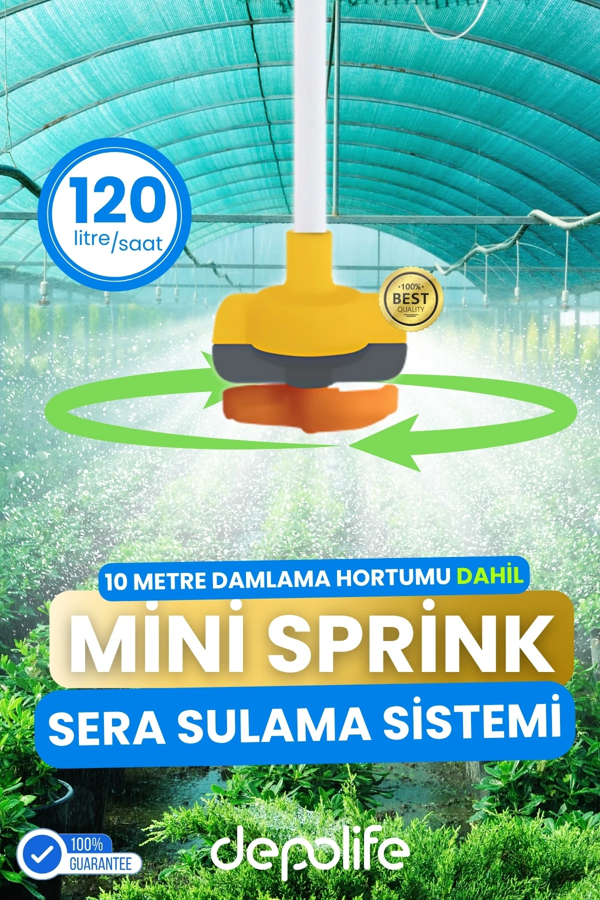 Mini Sprink Sulama Bahçe Sera Tarla Bitki Döner Başlık Havadan Sulama Deliksiz Hortum Seti