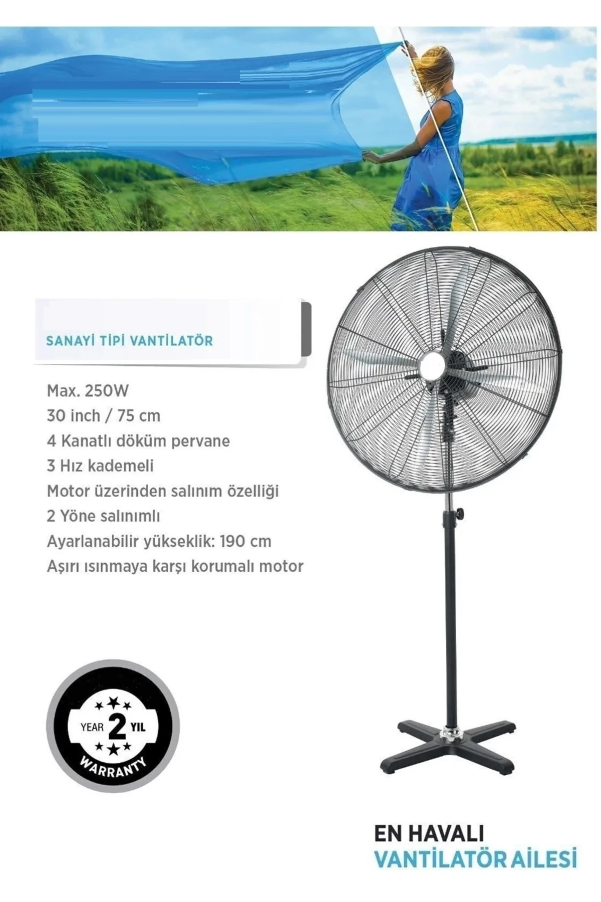 Sanayi Tipi Vantilatör Battal boy Metal Ayaklı Pervane 75cm Açık hava cafe restoran hava vantilatörü