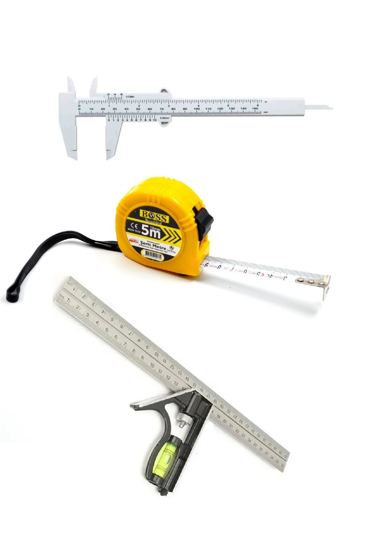 Açılı Kombine gönye Su Terazili 5 Metre Şerit Kumpas Seti Marangoz Mühendis Mimar El Alet Seti