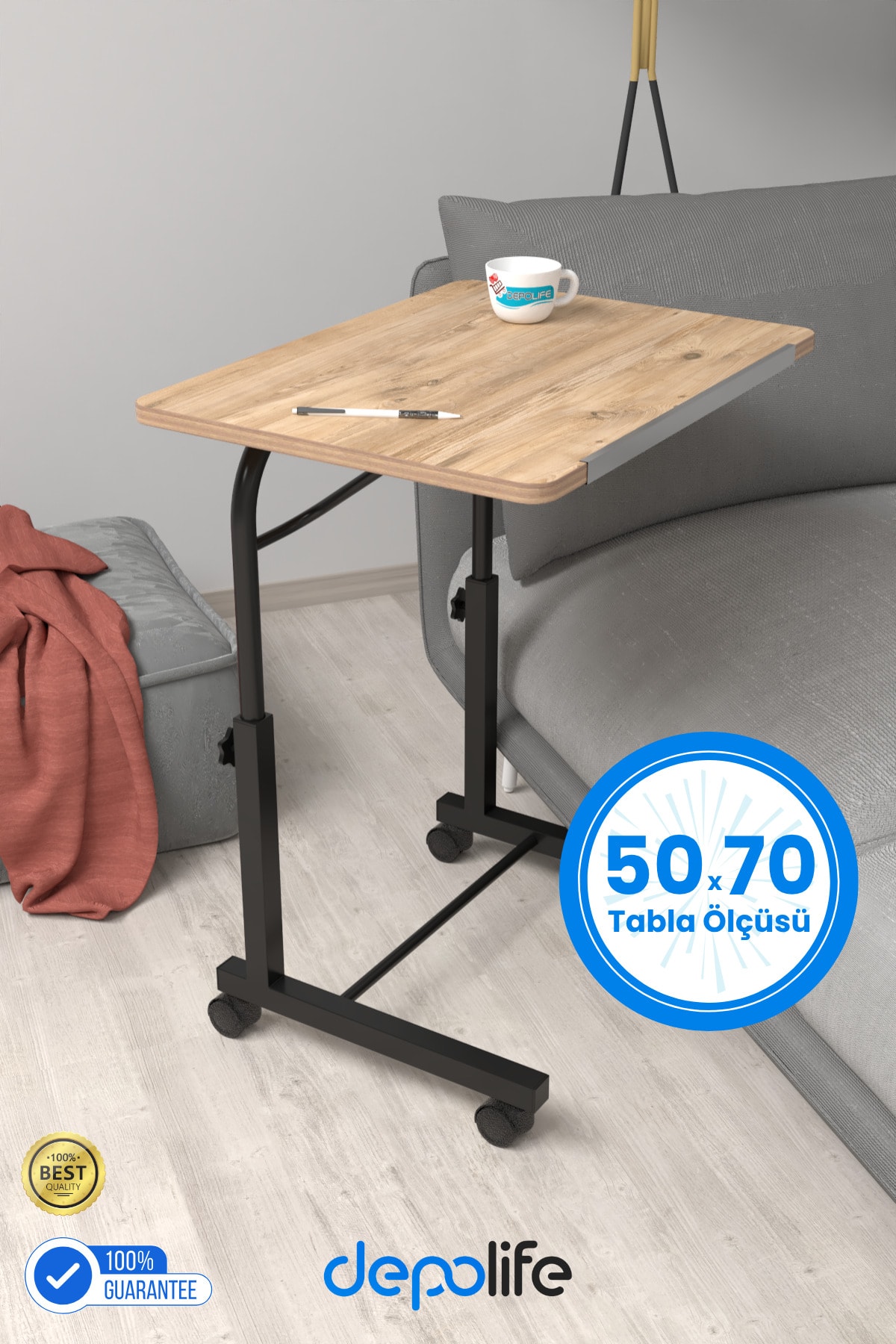 Eğim Yükseklik Ayarlı 50x70 Laptop Sehpası Ders Bilgisayar Çalışma Masası Metal Ayak Tekerlekli