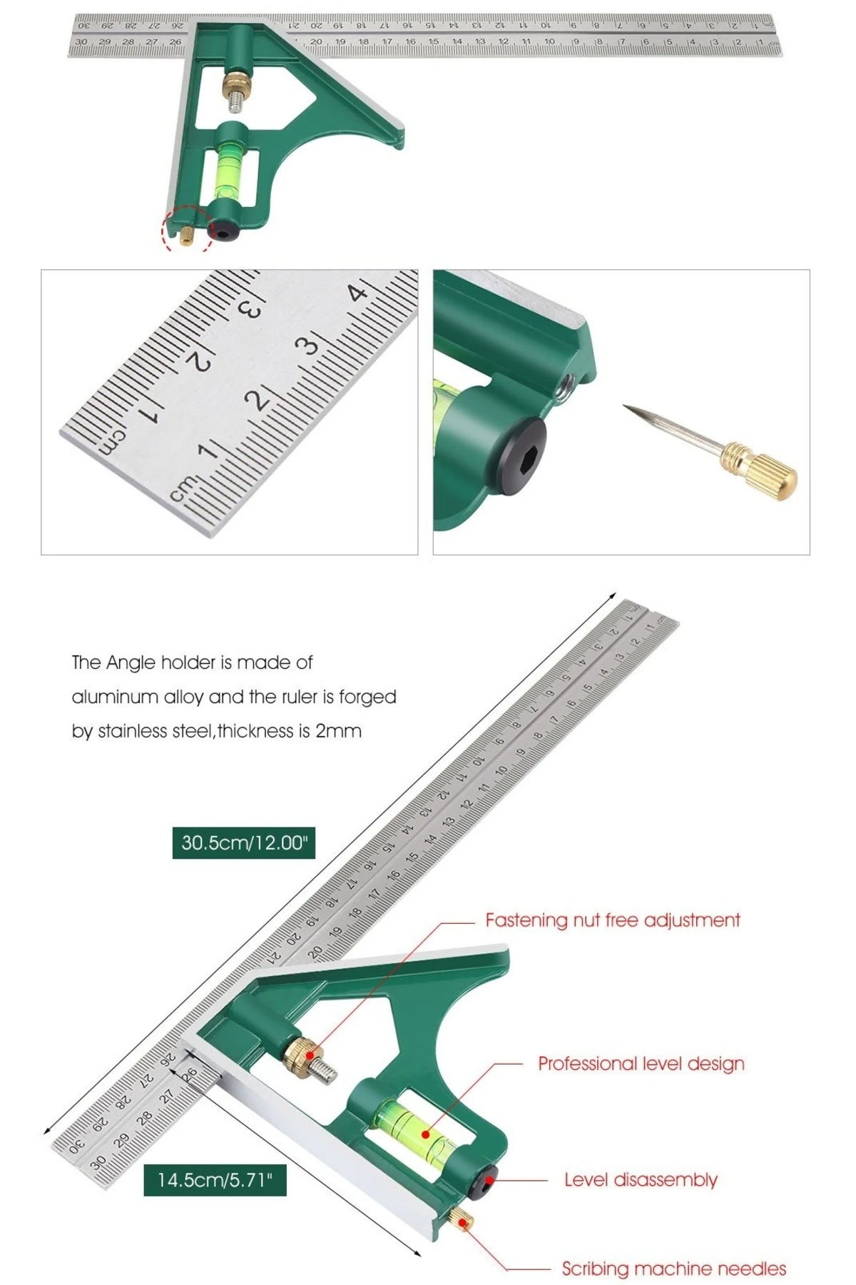 Su terazili ayarlı Kombine cetvel Paslanmaz Alüminyum Açı ölçer Marangoz Mühendis 45°/90° 300mm